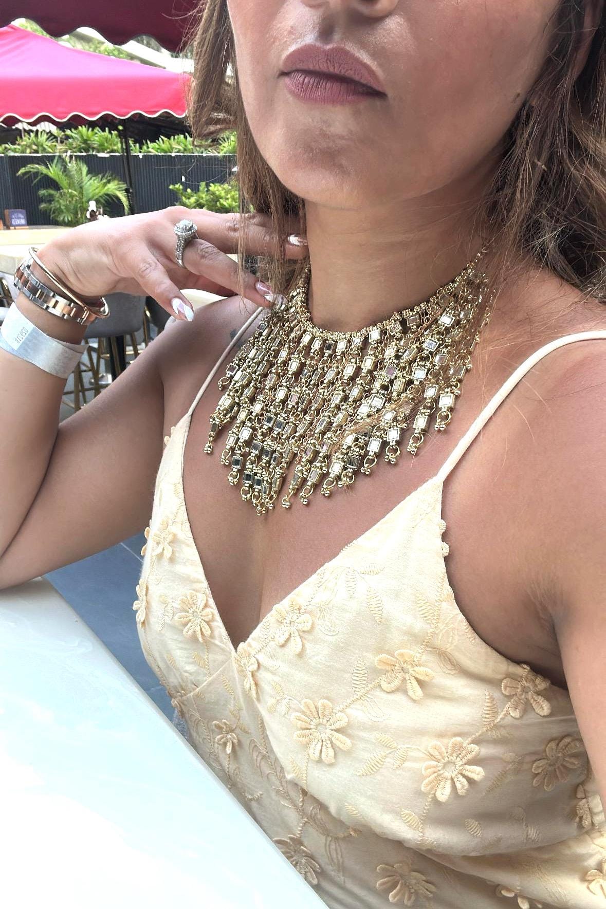 Smart Mirror Statement Necklace – Gold Fringe Choker, Reflective Jewelry, Handcrafted Festival & Glam Nightwear Gift For Her