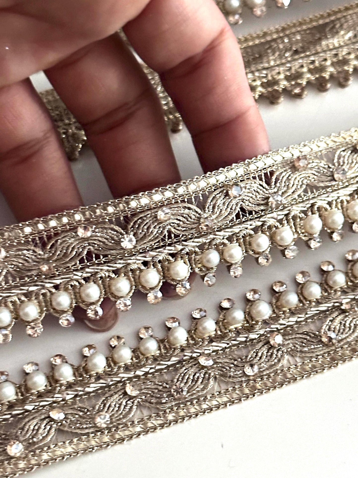 Gold Pearl Beaded Trim Embroidered Lace Saree Border Wedding Dress Trim