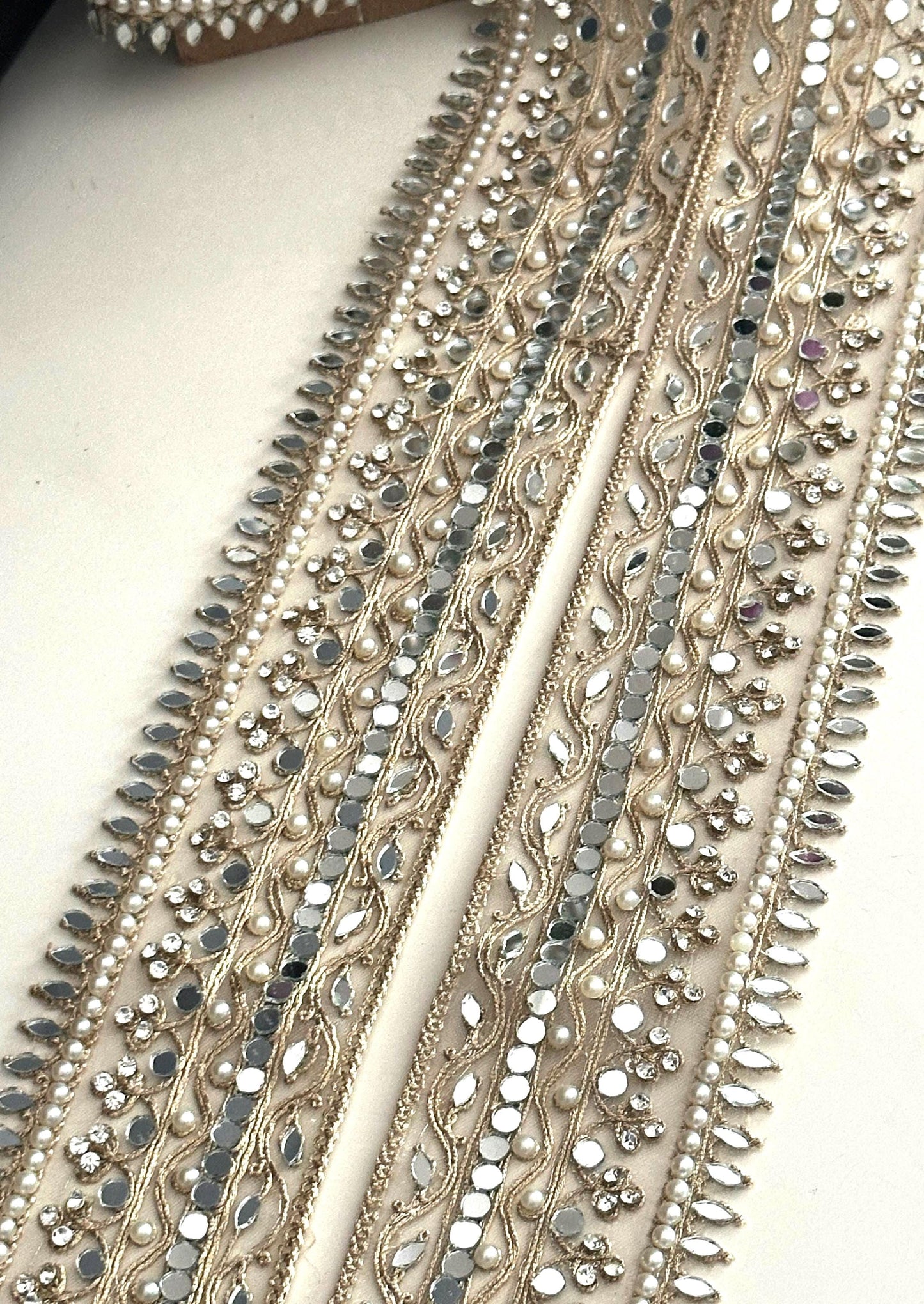 Pearl Mirror Lace Trim Zircon Gold Zari Embroidered Border for Saree, Dress, Decor Indian Wedding Veil Costume Ribbon 2 Inch Net Trim