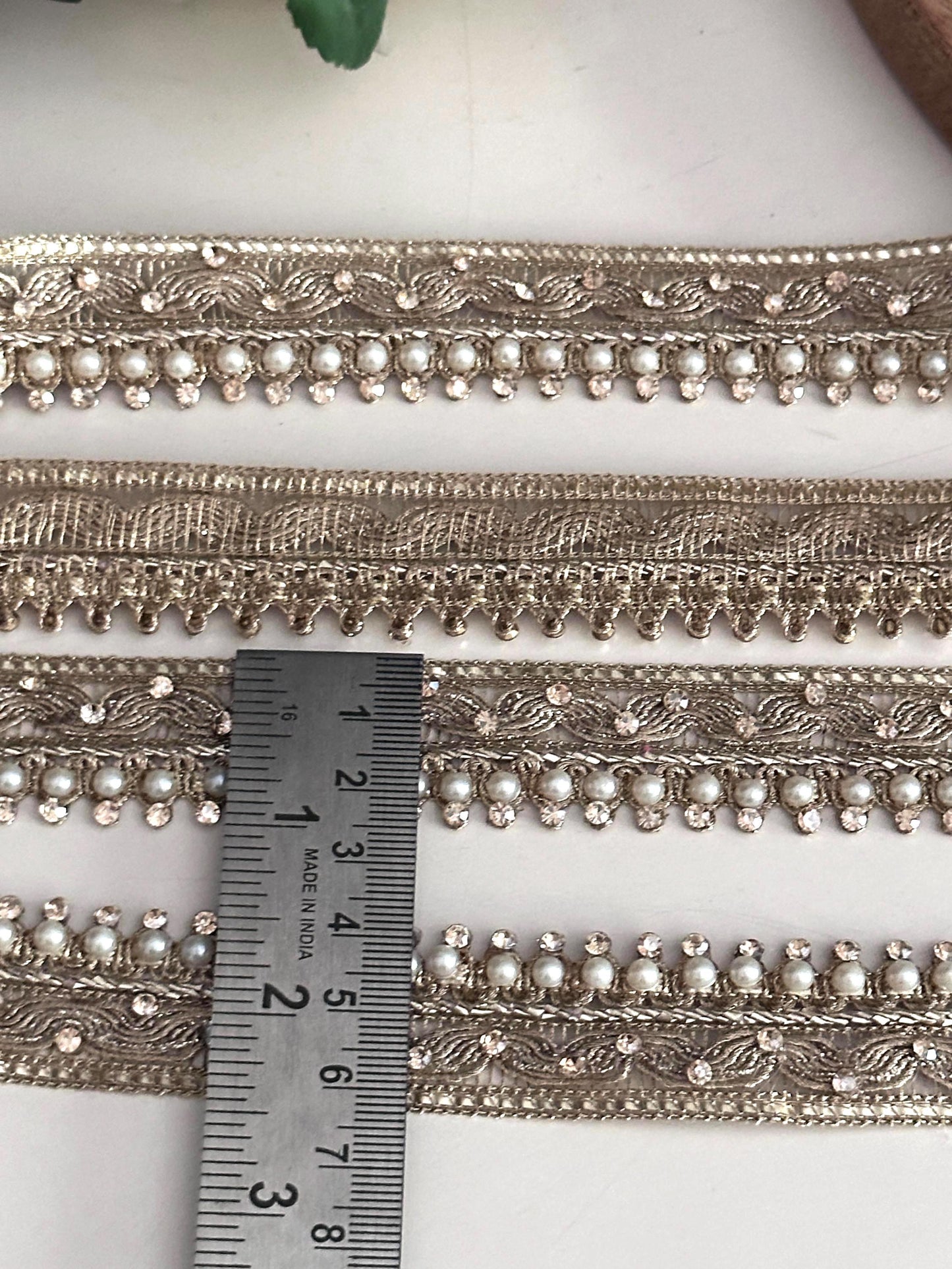 Gold Pearl Beaded Trim Embroidered Lace Saree Border Wedding Dress Trim
