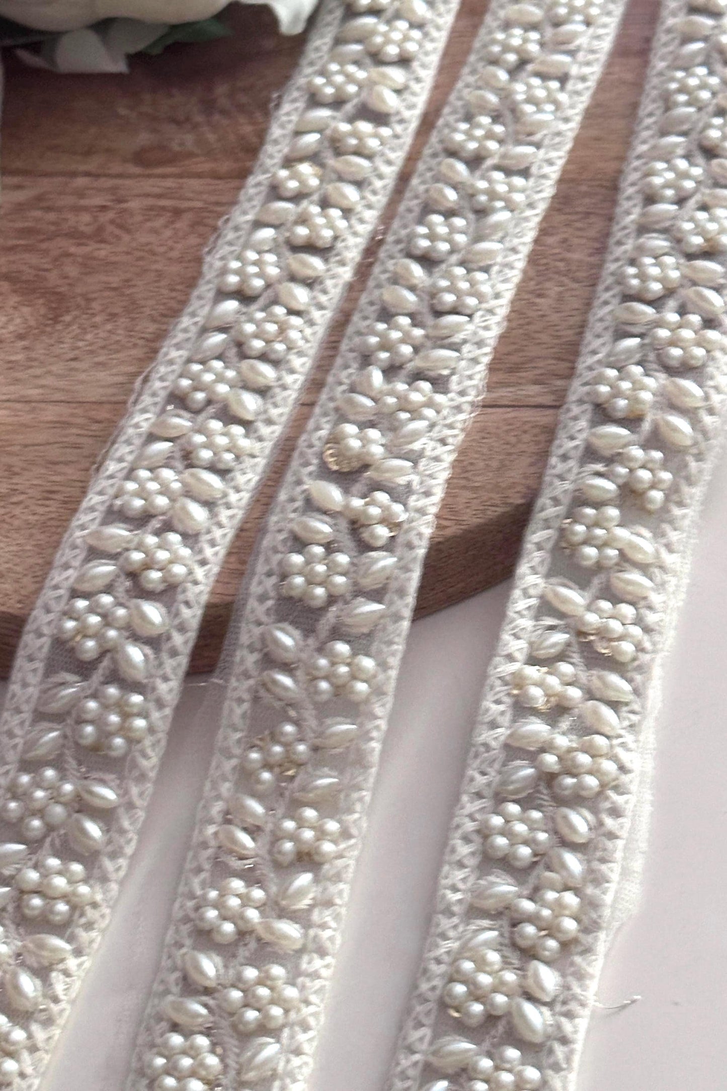 Ivory Pearl Beaded Embroidery Trim Floral Lace Ribbon for Bridal Gown