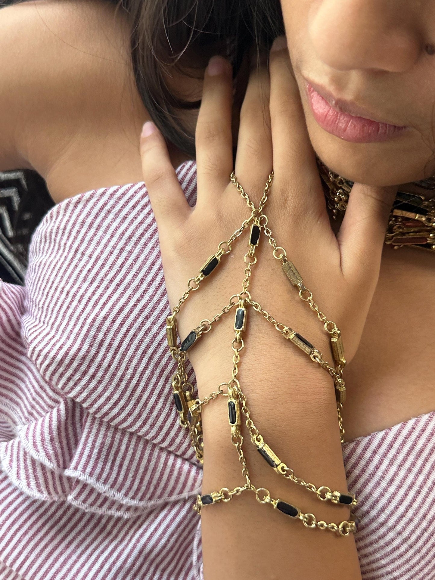 Gold Chain Foot Harness & Hand Harness Jewelry Boho Barefoot Sandal with Black Enamel Accent Festival Beach Wedding Belly Dance Accessories