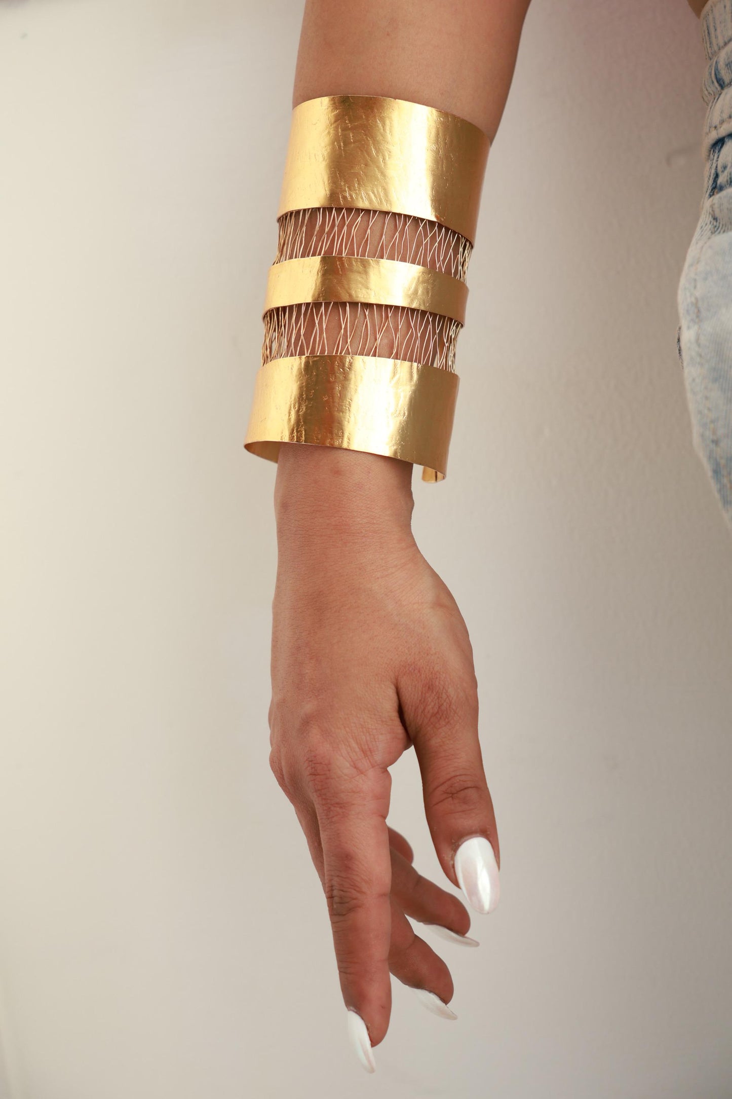 Handmade Statement Gold Cuff Bracelet Wide Arm Band Jewelry Bold Artisan Metal Cuff Festival Boho Jewelry Adjustable Wrist Cuff for Women