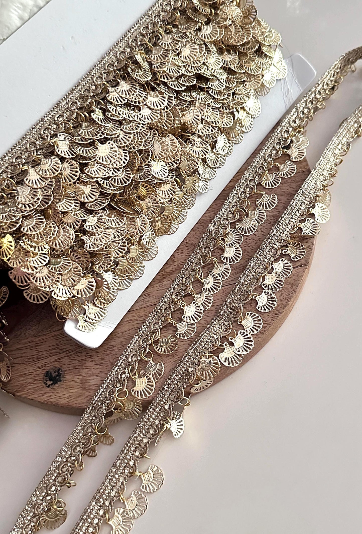 Gold Coin Metal Suspended Shell Lace Trim Boho Crafting Lace for Costume Blouse Saree Dress Accessory Metallic Fringe Border For DIY Sewing
