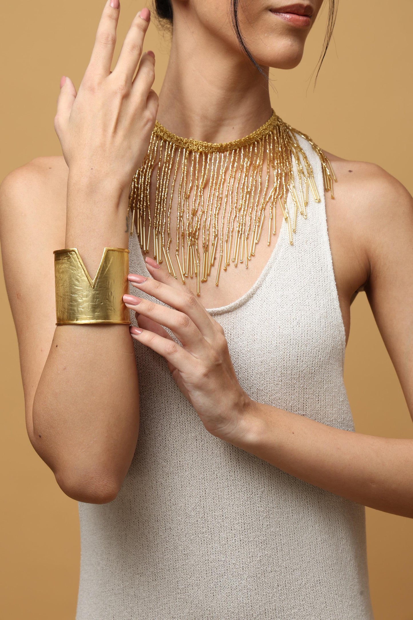 V Cut Gold Cuff Bracelet 24K Gold Plated Brass Statement Jewelry Adjustable Wide Arm Cuff Modern Bold Handmade Bracelet For Women