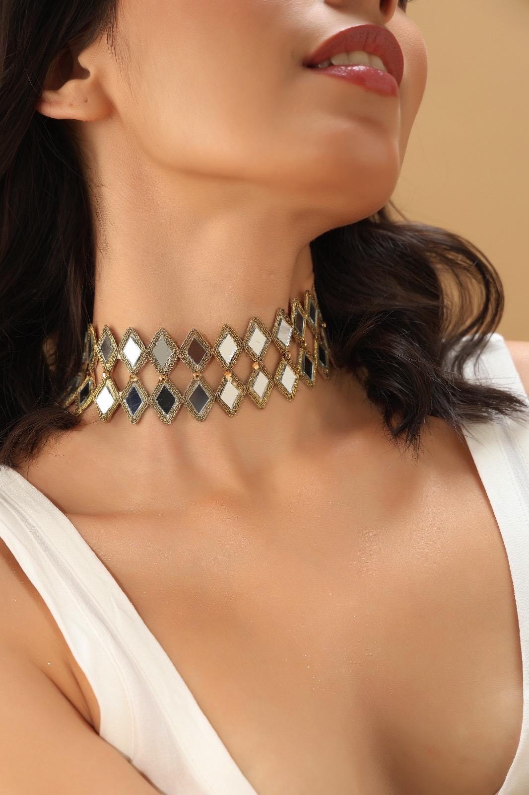Gold Diamond Choker Jewelry Mirror Crystal Statement Collar Handcrafted Necklace Gift For Her