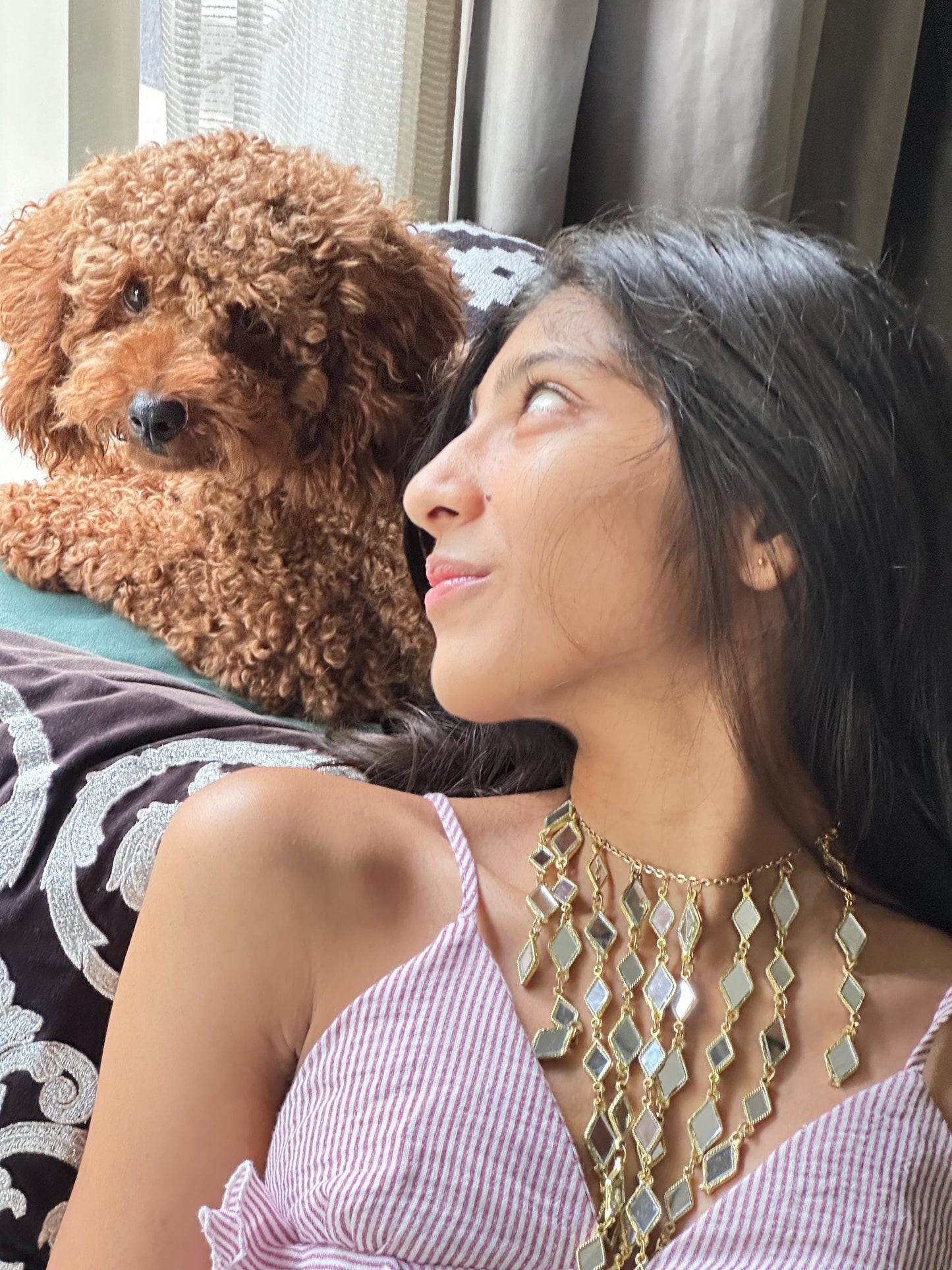 Gold Mirror Cascade Statement Necklace Long Layered Diamond Mirror Choker Boho Festival Jewelry Handmade Indian Bridal Wedding jewellery