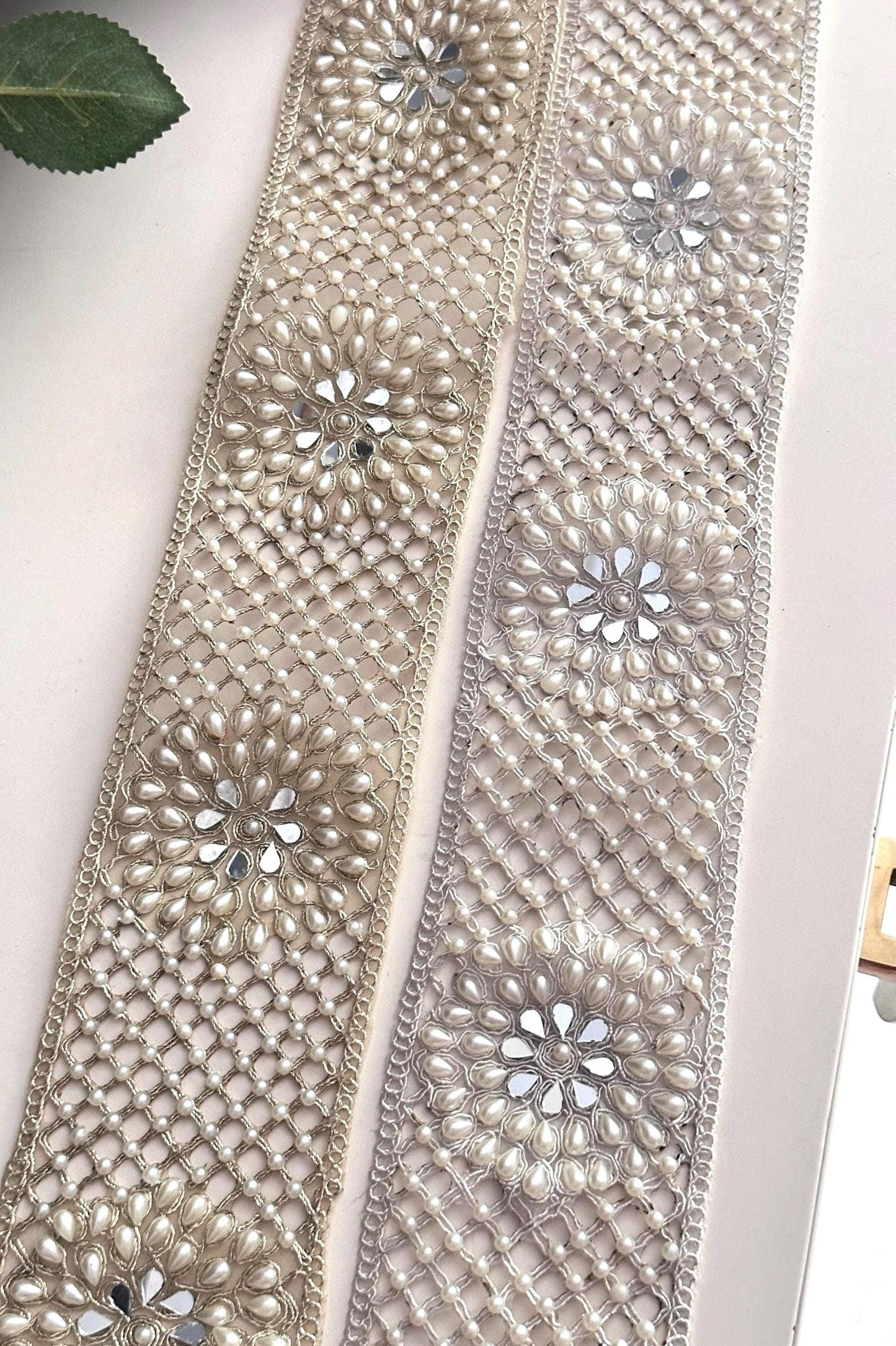 Hand Embroidered Pearl Beaded Trim Bridal Saree Border Lace Wedding Dress Applique Pearl Mesh Lace for Gowns Lehenga Veil Crafting Lace