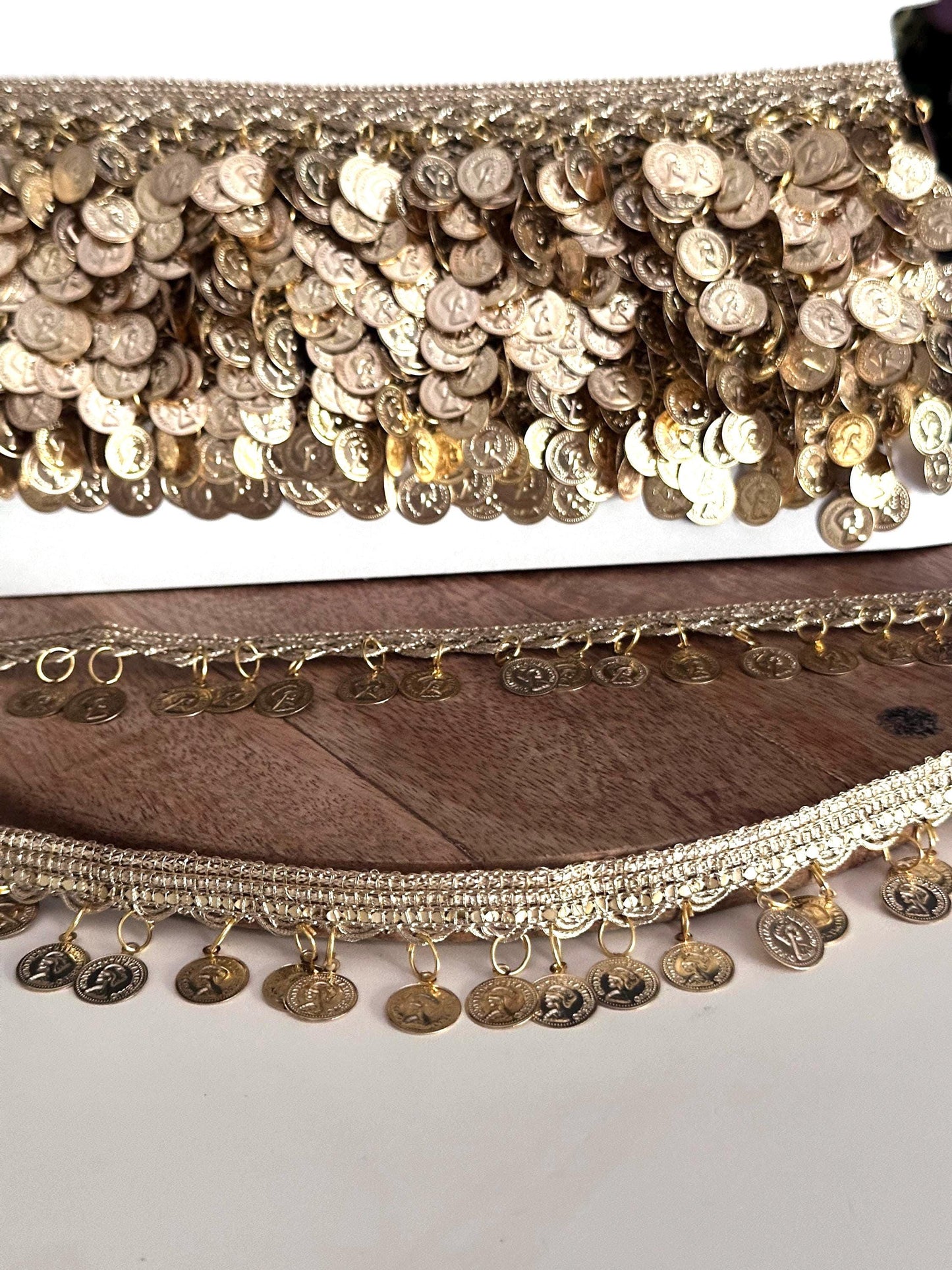 Gold Metal Coin Trim Lace for Belly Dance Boho Waist Belt Festival Skirt Potli Bag Choker Headband DIY Crafting Tribal Jewelry Costume Decor