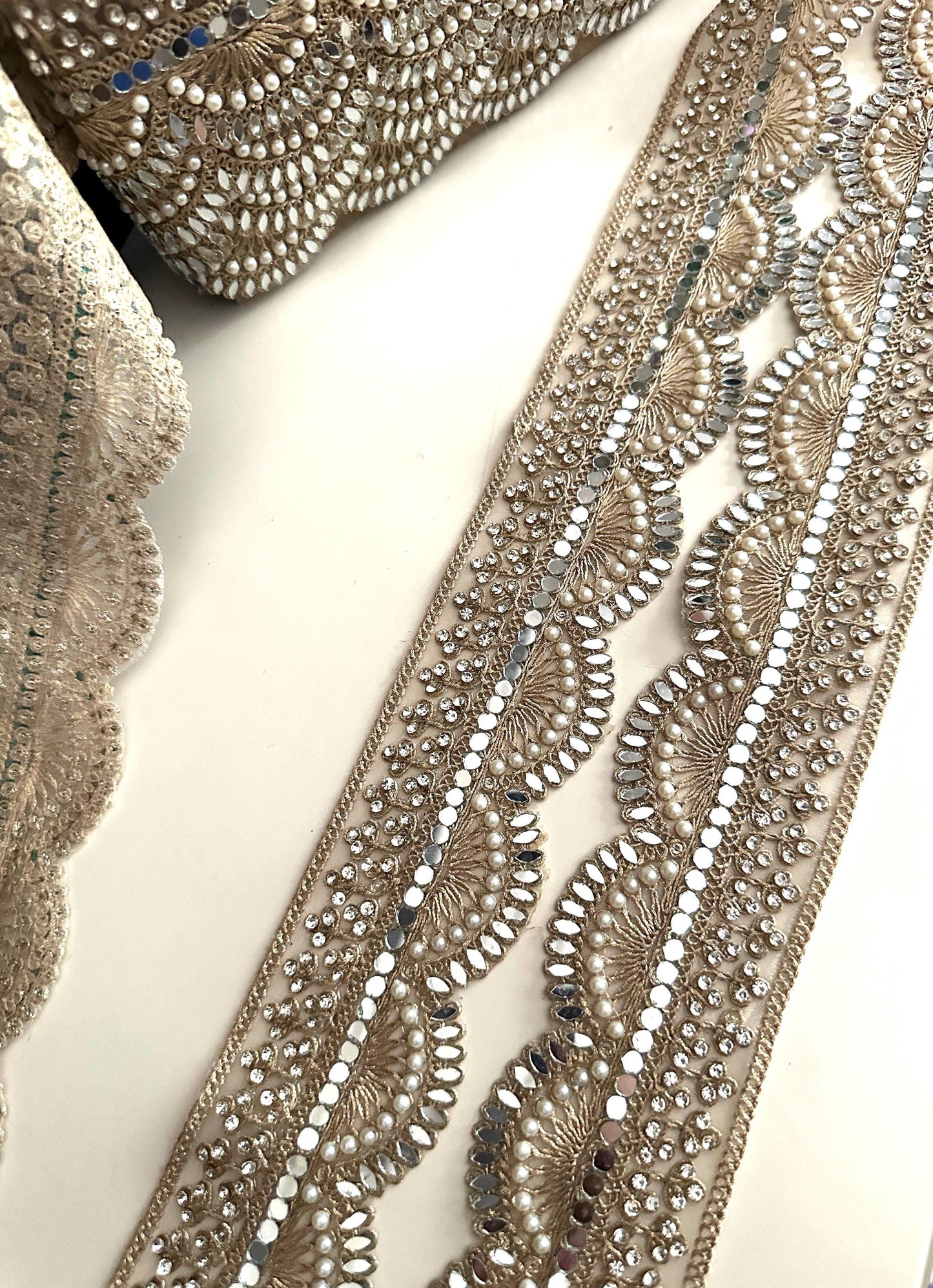Scallop Mirror Pearl Lace Trim Gold Embroidered Bridal Border for Veils Sarees, Wedding Costumes & Decor Handmade Indian Ribbon 3 Inch