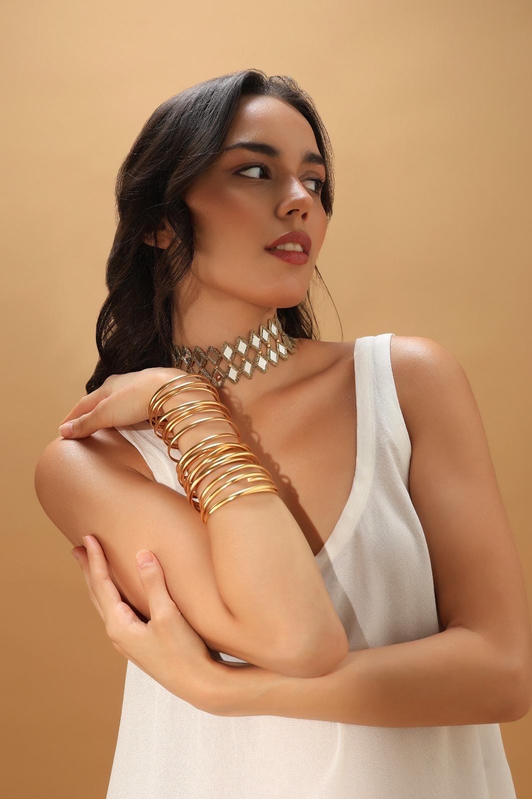 Gold Diamond Choker Jewelry Mirror Crystal Statement Collar Handcrafted Necklace Gift For Her