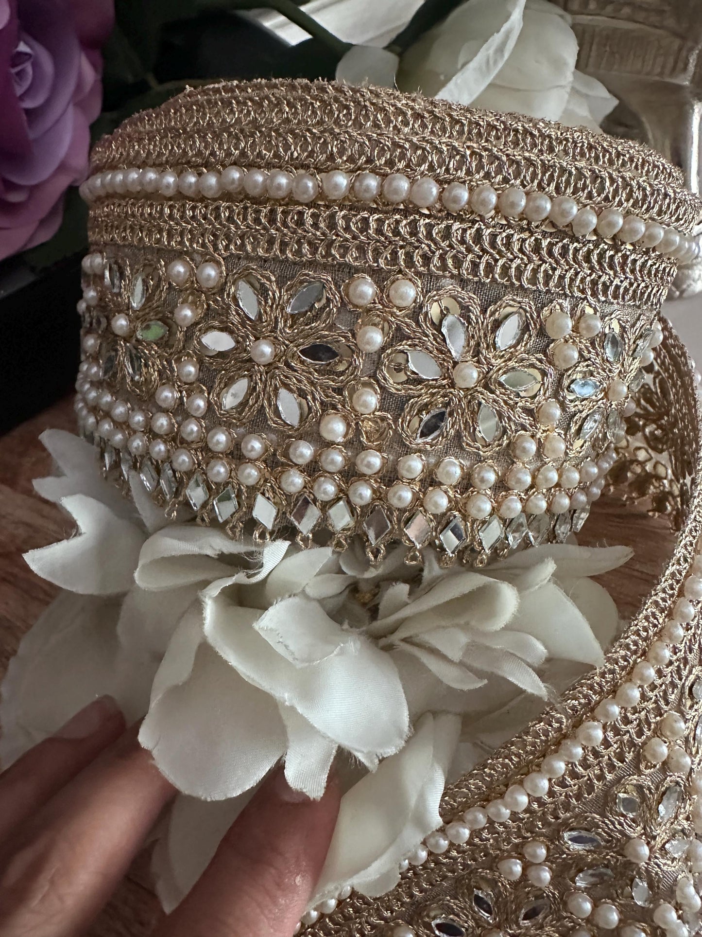 Gold Floral Pearl Trim with Mirror Work Beaded Embellished Lace Saree Border Decorative Ribbon for Saree Sewing Costumes Bridal & DIY Craft