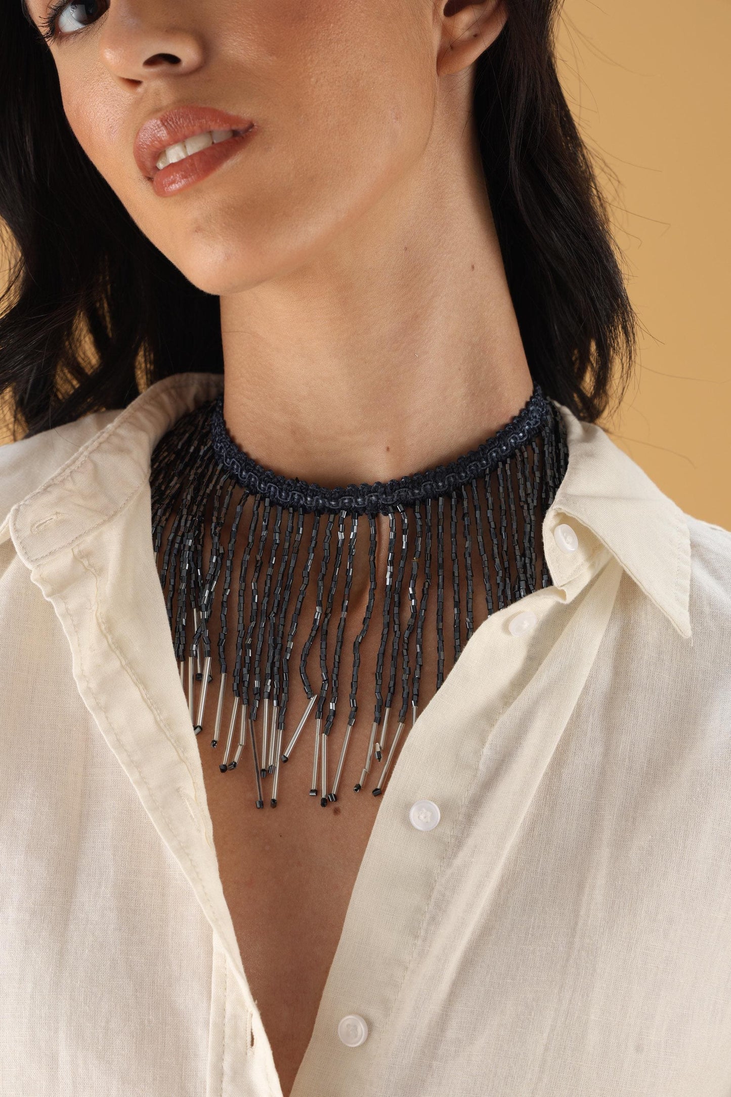 Beaded Tassel Choker Necklace Midnight Blue Crystal Statement Jewelry – Handmade Boho Festival & Evening Wear Accessory