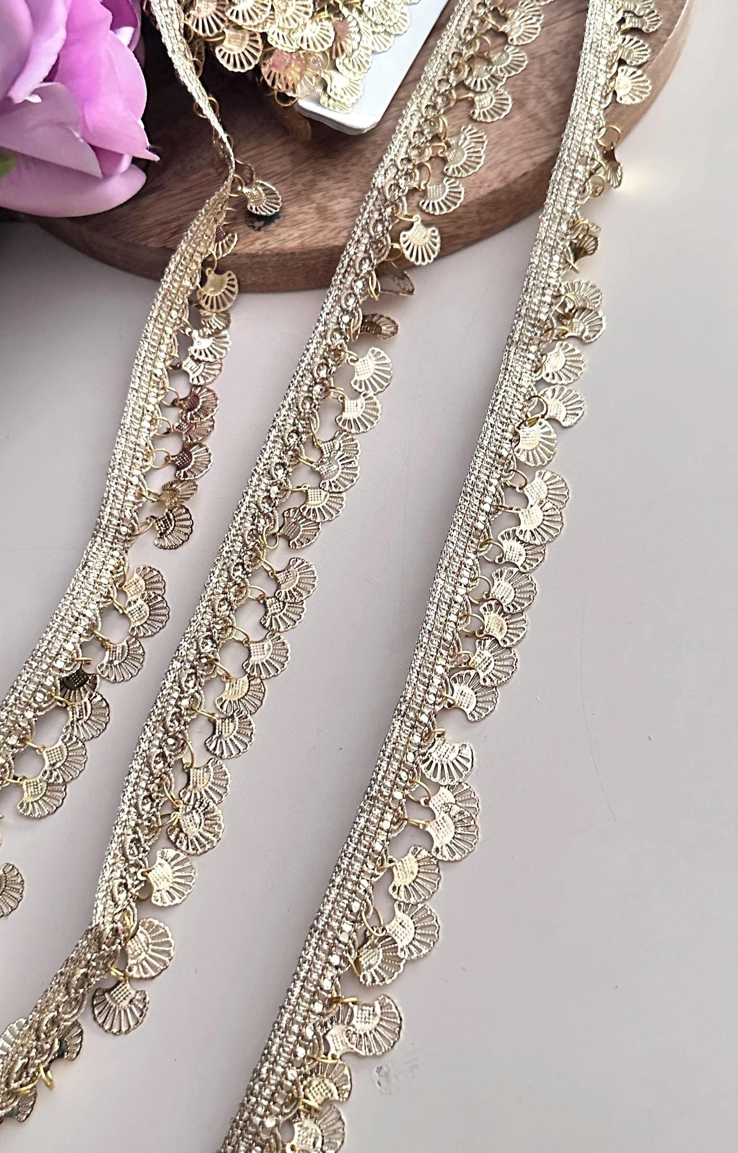 Gold Coin Metal Suspended Shell Lace Trim Boho Crafting Lace for Costume Blouse Saree Dress Accessory Metallic Fringe Border For DIY Sewing
