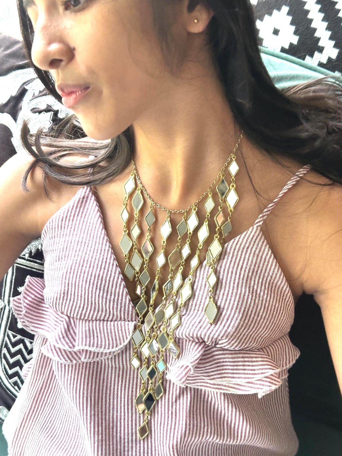 Gold Mirror Cascade Statement Necklace Long Layered Diamond Mirror Choker Boho Festival Jewelry Handmade Indian Bridal Wedding jewellery