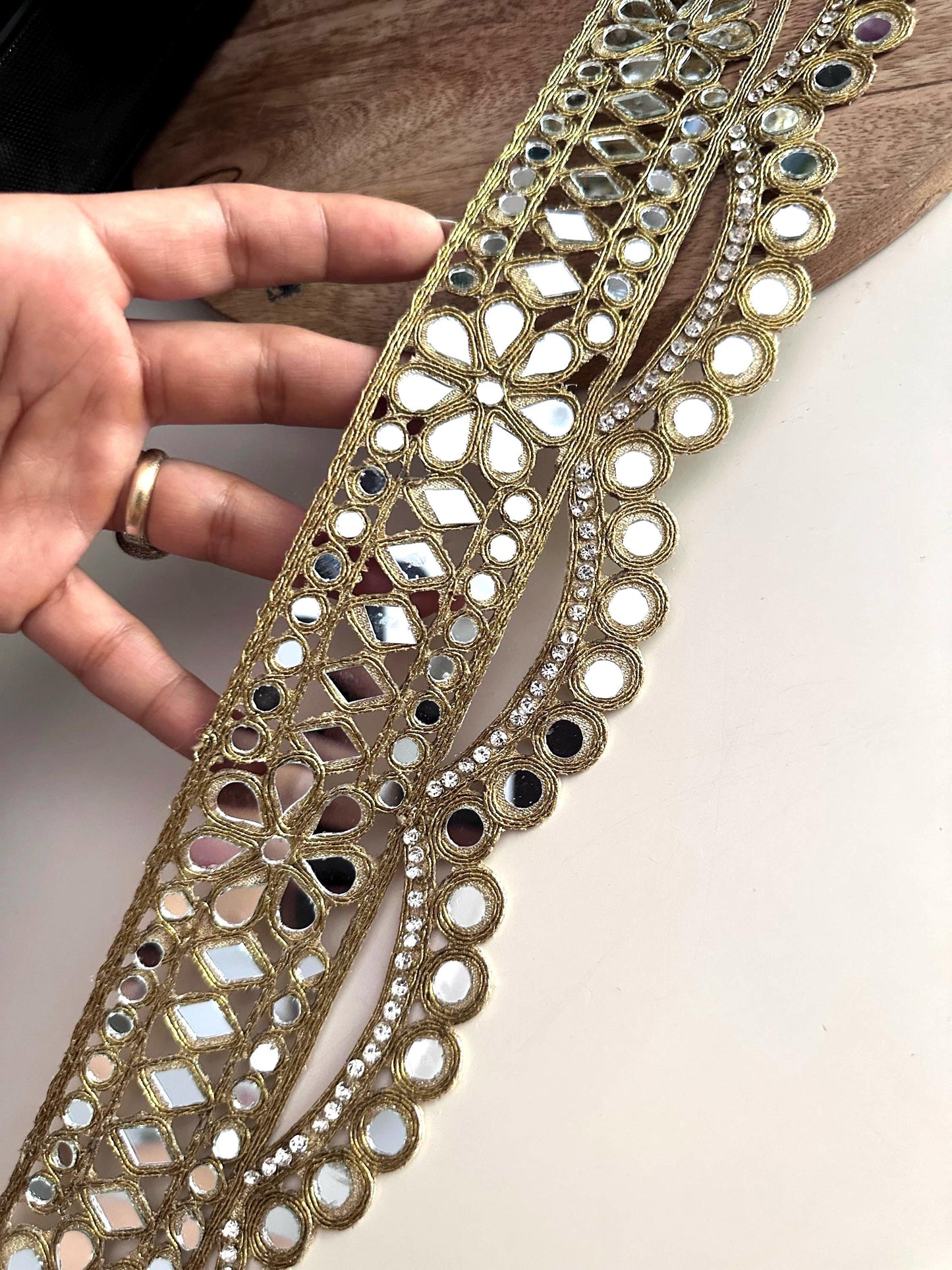 Gold Floral Mirror Lace Trim with Rhinestone Zircon Wide Indian Border for Bridal Belt Festival Cinturone DIY Costume Making & Dancewear