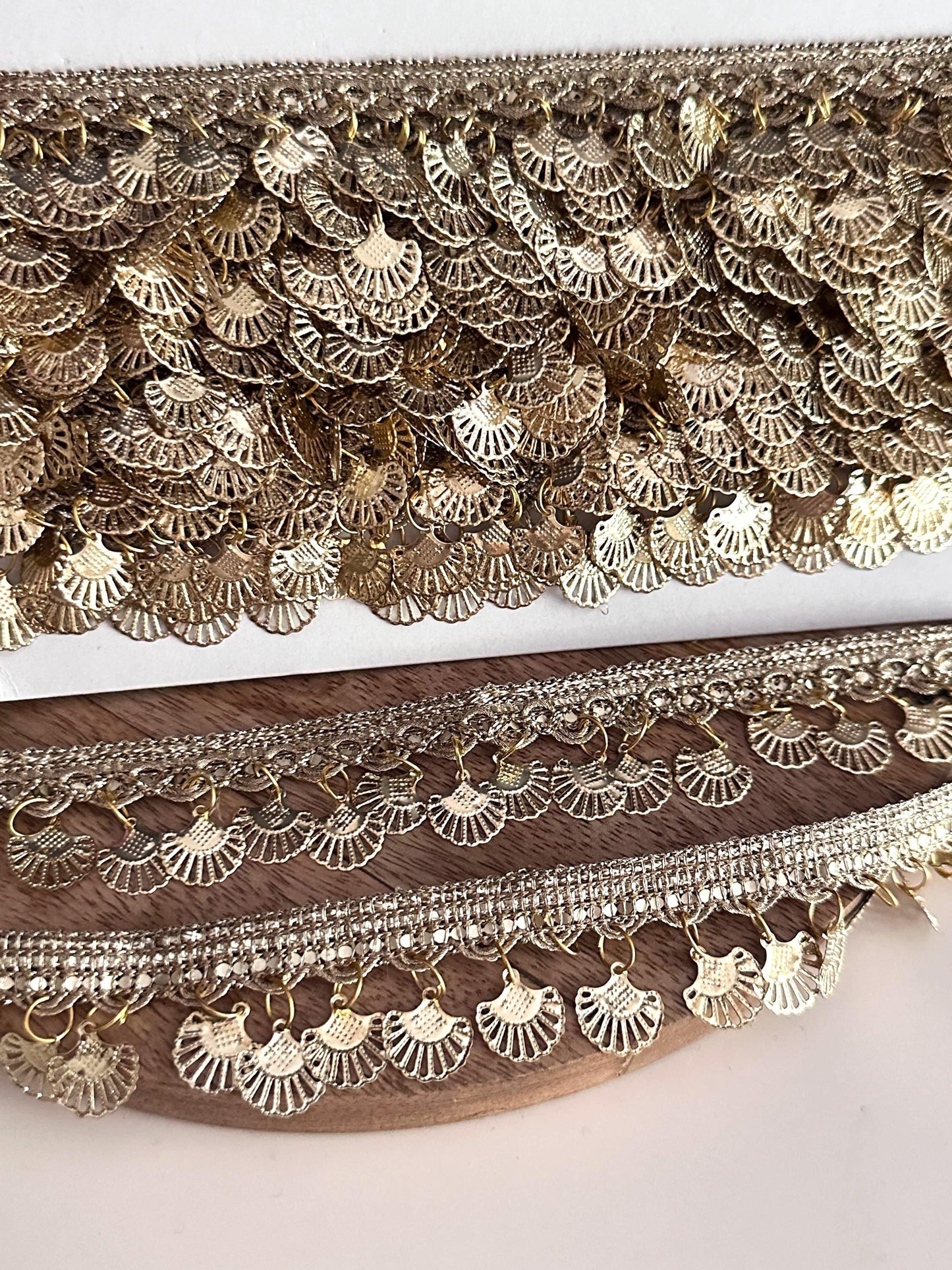 Gold Coin Metal Suspended Shell Lace Trim Boho Crafting Lace for Costume Blouse Saree Dress Accessory Metallic Fringe Border For DIY Sewing