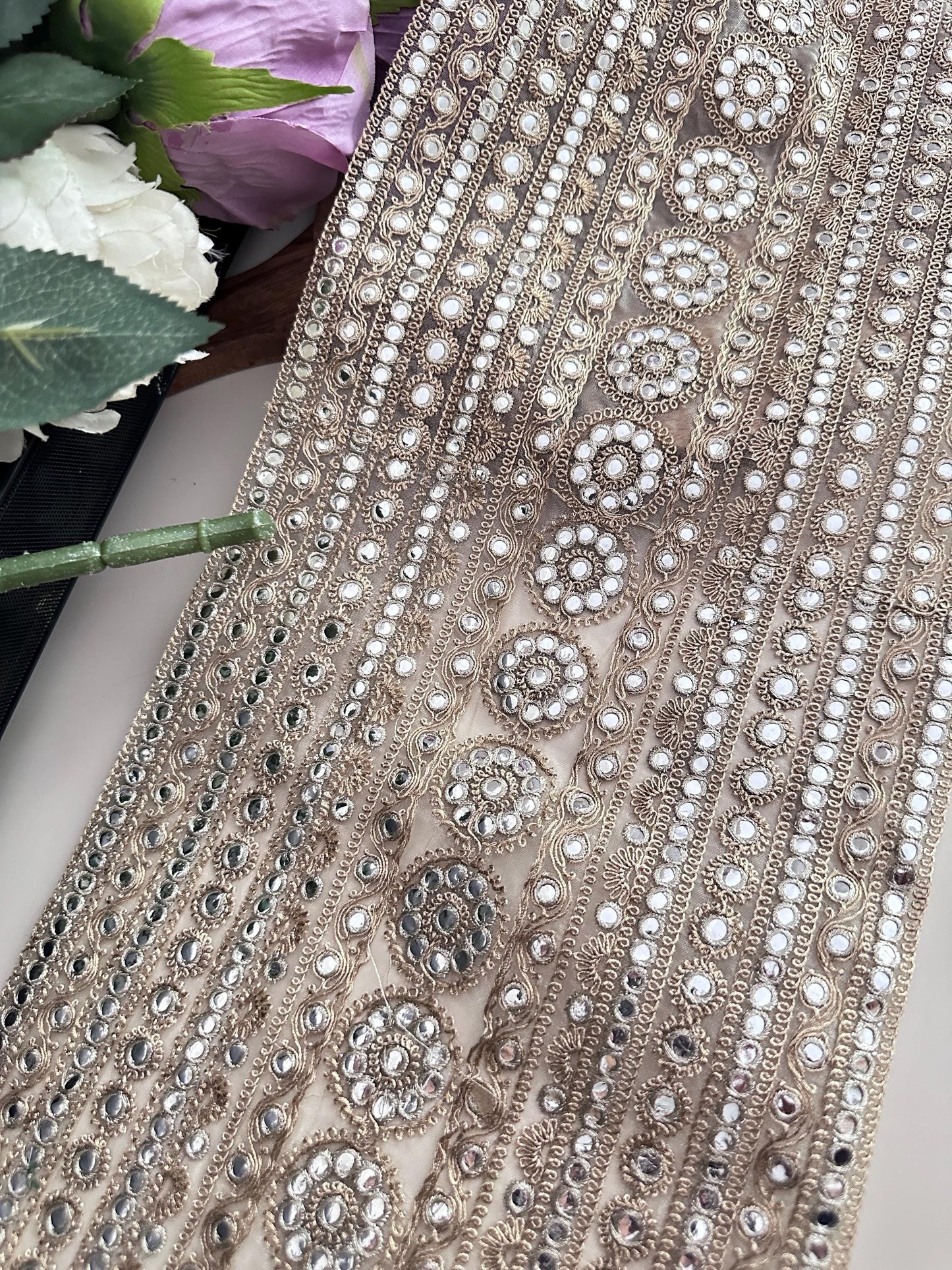 Gold Embroidered Fabric with Mirror Bead Work Indian Bridal Lace Trim for Saree Lehenga Dupatta Dress Zari Border Embellishment by Yard