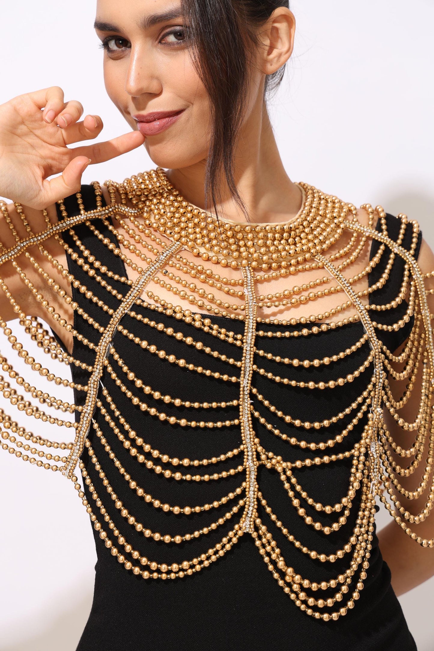 Gold Beaded Shoulder Cape Rhinestone Bridal Shoulder Jewelry Capelet Handmade Golden Fringe Cover Up for Dresses Wedding Beaded Epaulettes