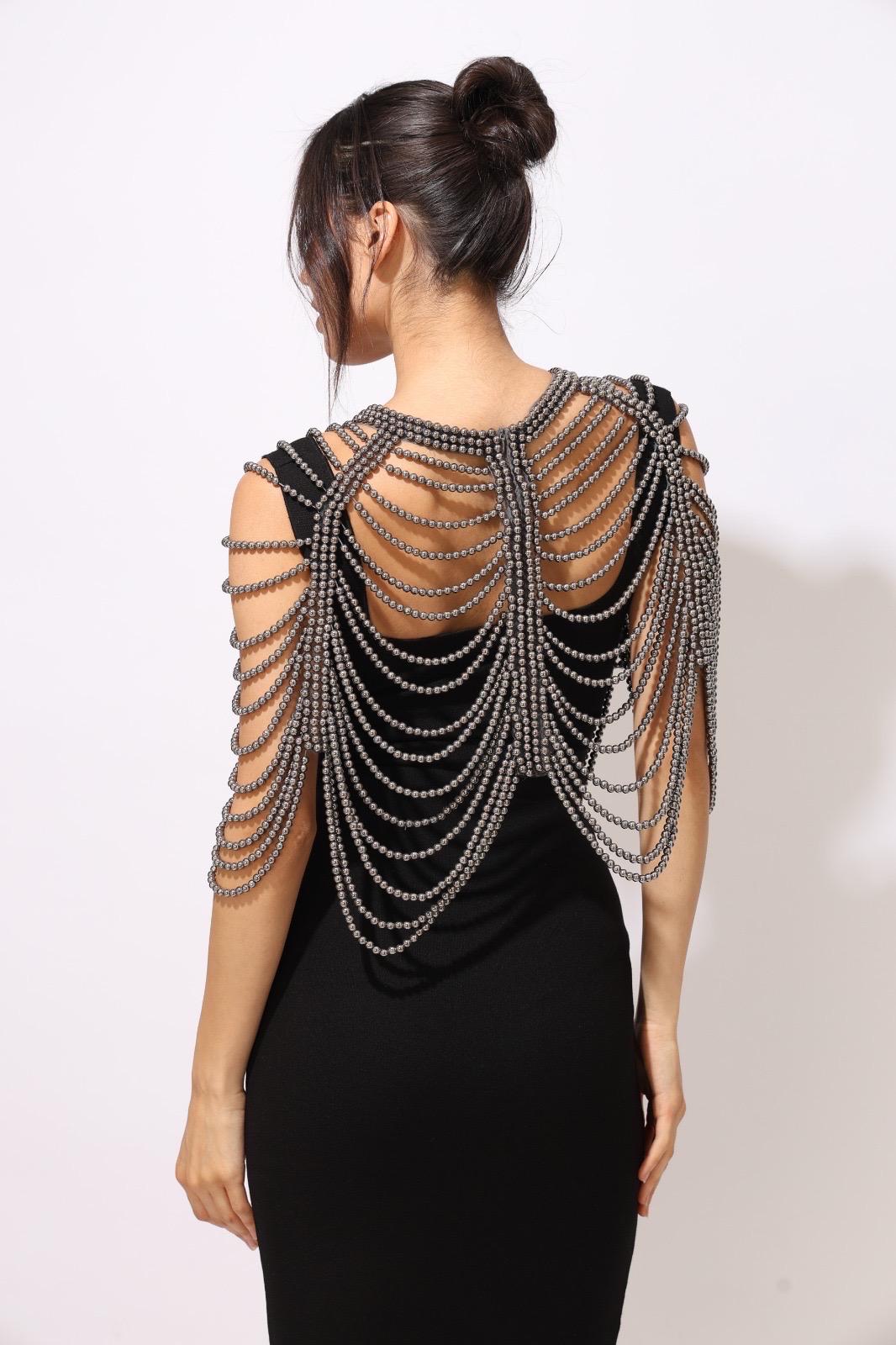 Gunmetal Beaded Shoulder Cape Handmade Fringe Capelet for Dresses Statement Shoulder Jewelry Evening Dress Accessory Body Jwellery One Size