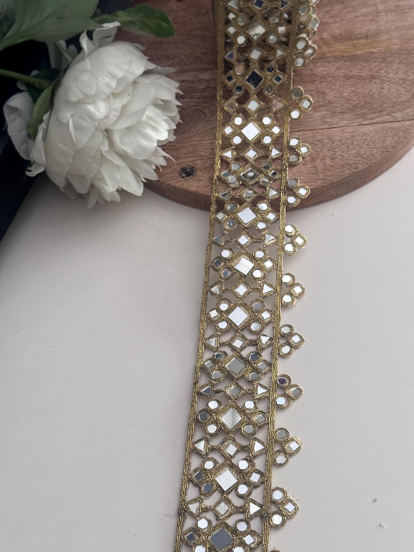 Mirror Work Lace Trim Gold Embroidery Ribbon with Shisha for Sewing Indian Saree Border Ethnic Costume Trim DIY Craft Decorative Mirror