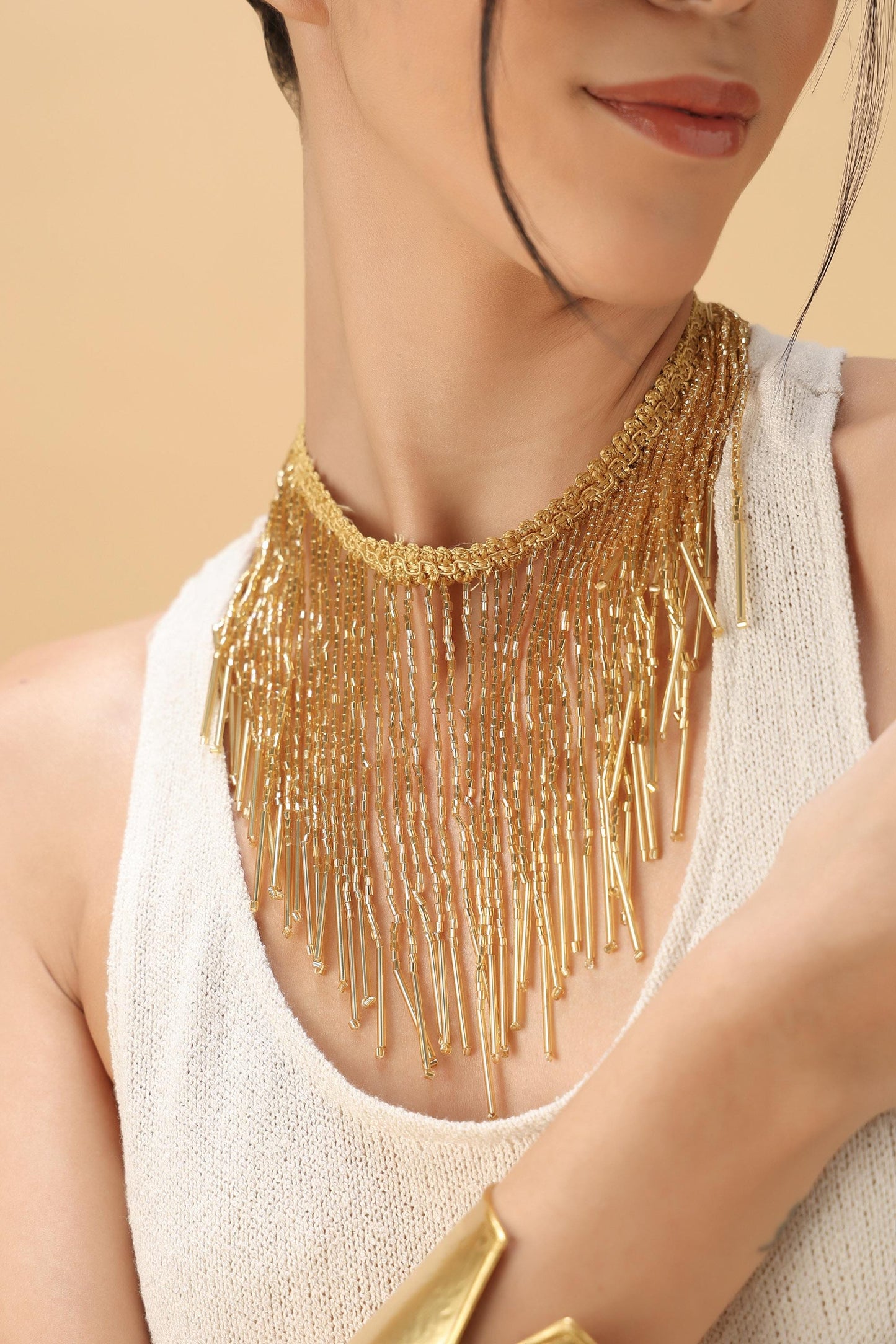 Gold Fringe Lace Choker – Adjustable Ethnic Necklace – Statement Festival Jewelry – Festive Tassel Style Neckpiece for Women