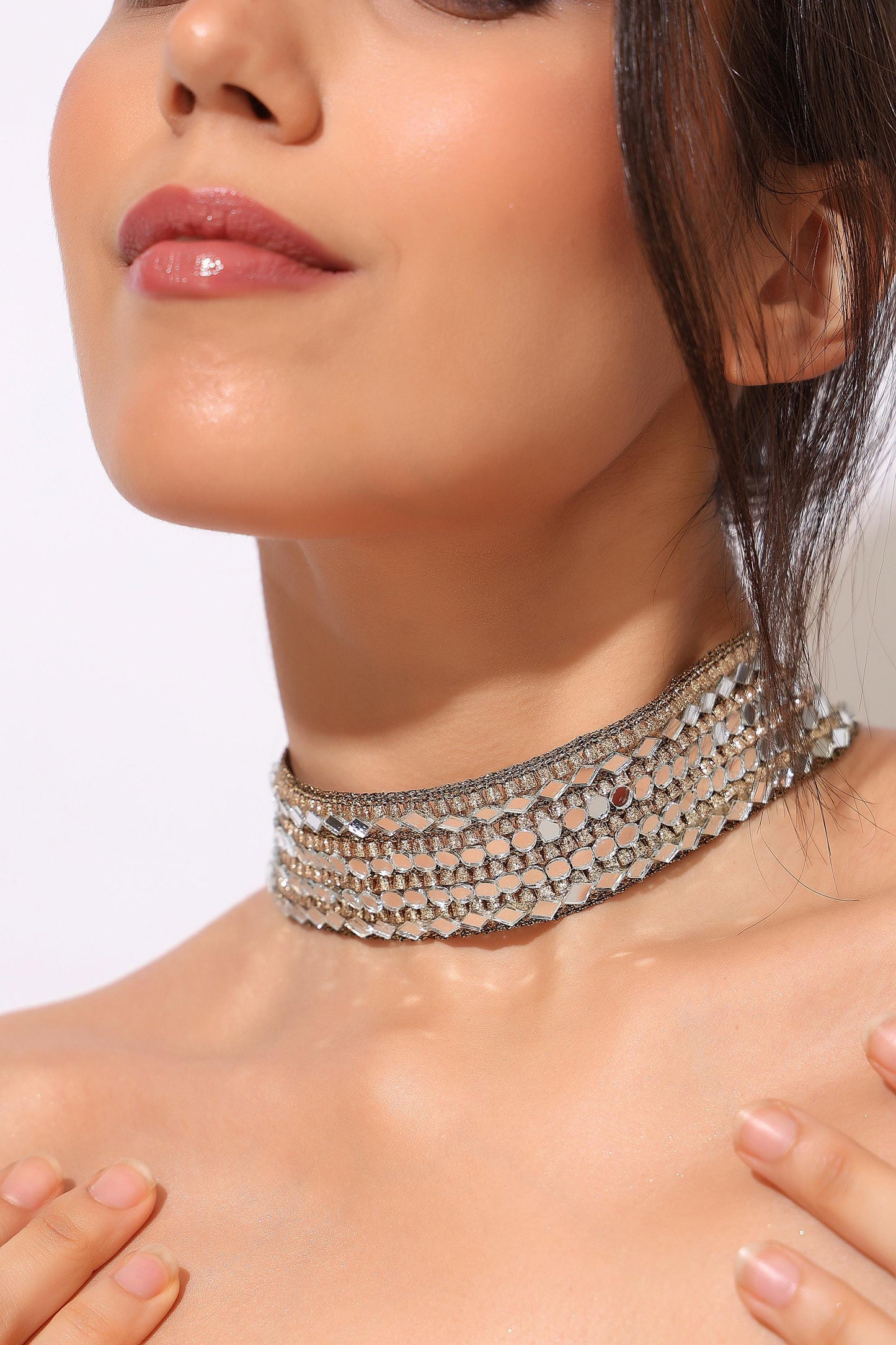 Antique Mirror Choker & Crystal Waist Belt – Indian Festive Jewelry for Saree, Lehenga and Gown – Traditional Embellished Set