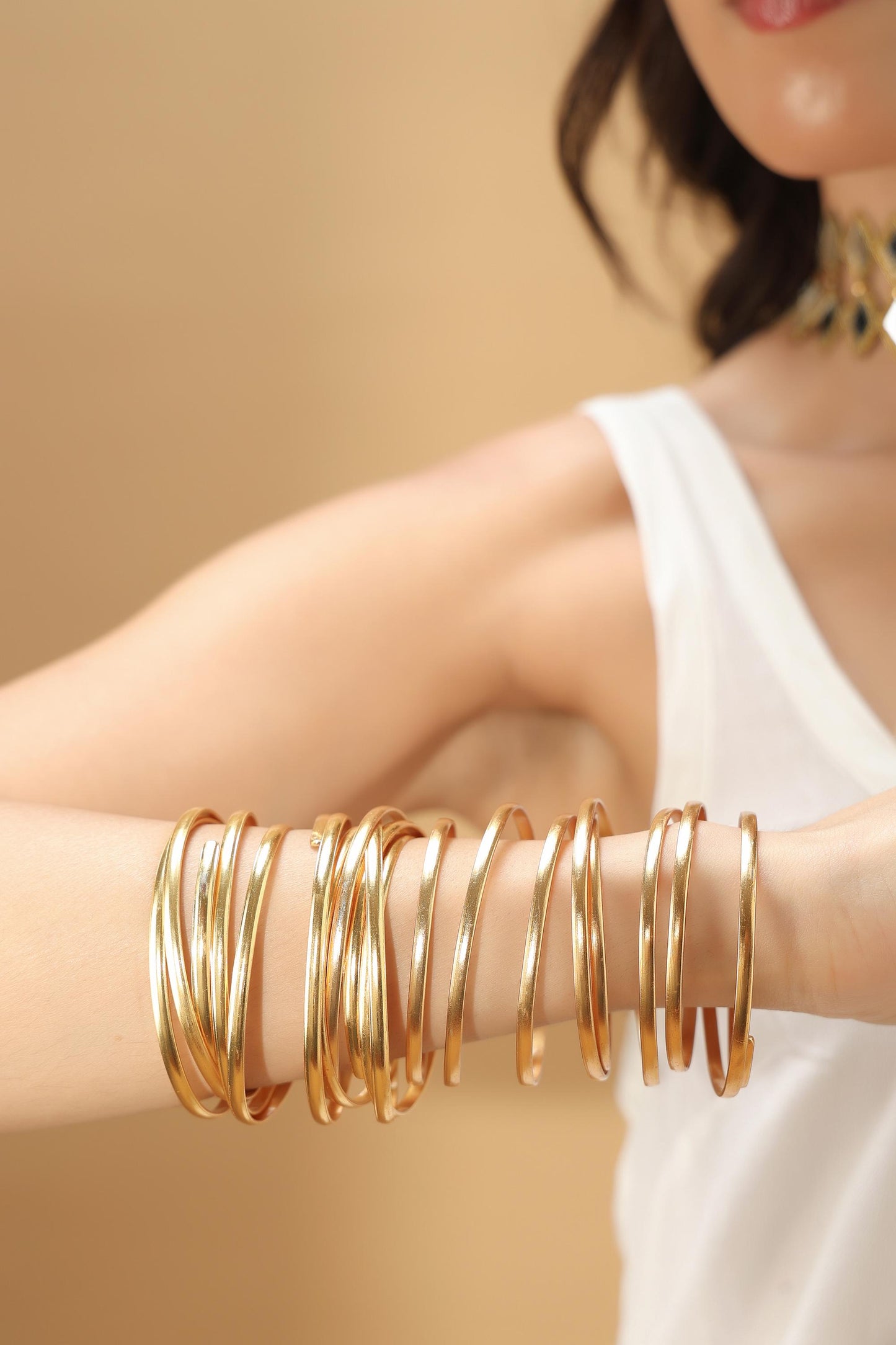 Gold Spiral Arm Cuff Bracelet – 24K Gold Plated Brass Coil Armlet – Bold Adjustable Statement Jewelry – Handmade Fashion Accessory