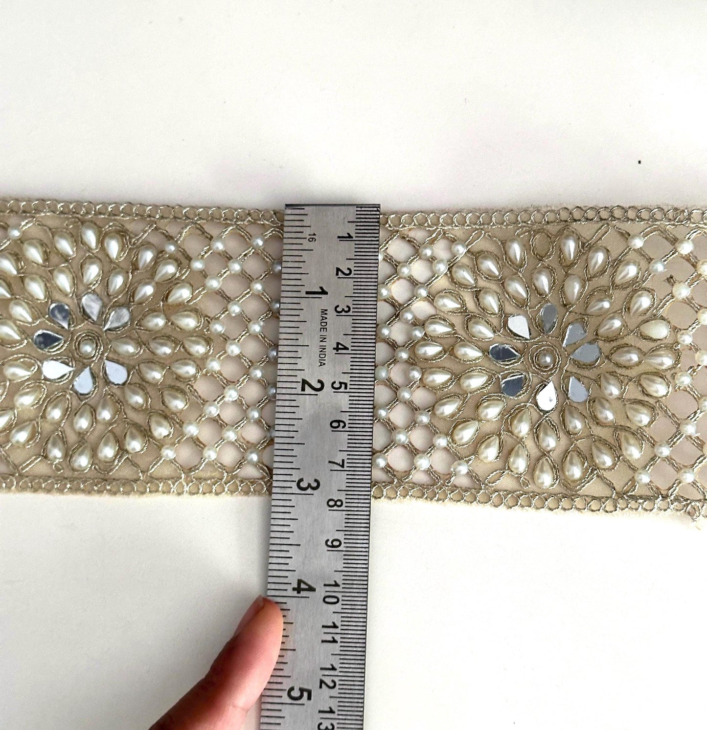 Hand Embroidered Pearl Beaded Trim Bridal Saree Border Lace Wedding Dress Applique Pearl Mesh Lace for Gowns Lehenga Veil Crafting Lace