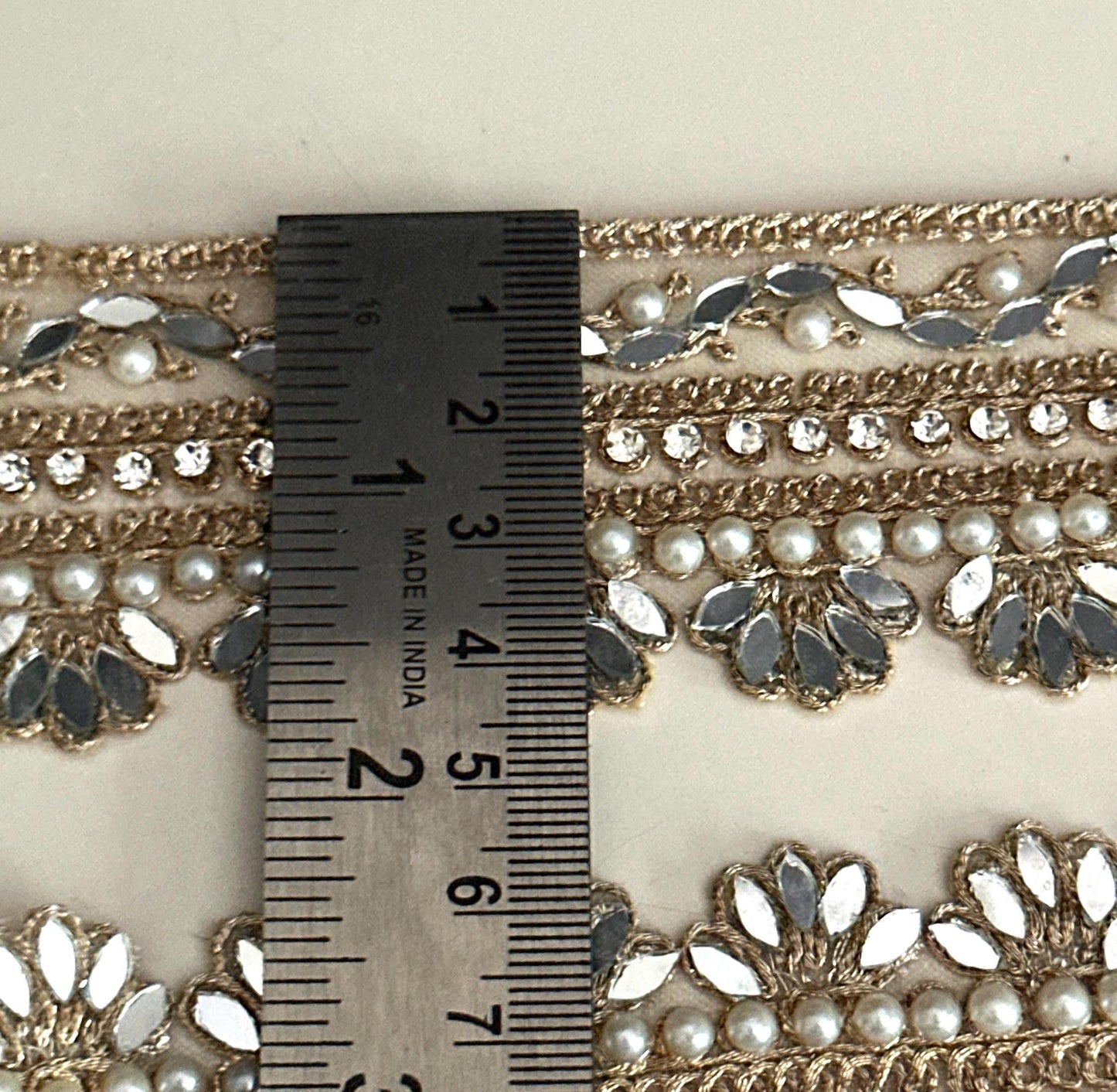 Floral Mirror Pearl Lace Trim Zircon Rhinestone Thin Embroidered Gold Border for Jewelry Costume Veils & Blouses 1 Inch Craft Ribbon India
