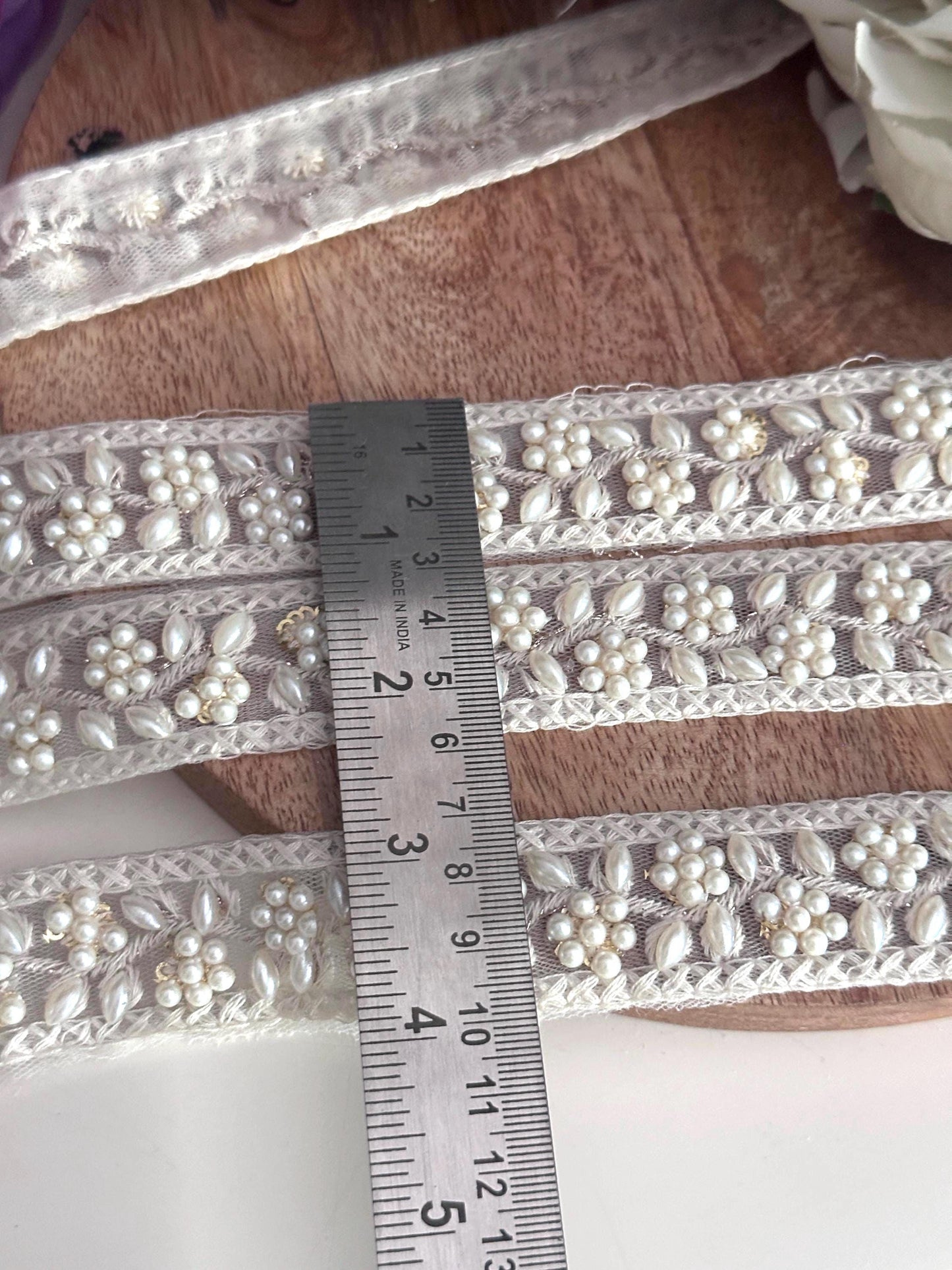 Ivory Pearl Beaded Embroidery Trim Floral Lace Ribbon for Bridal Gown