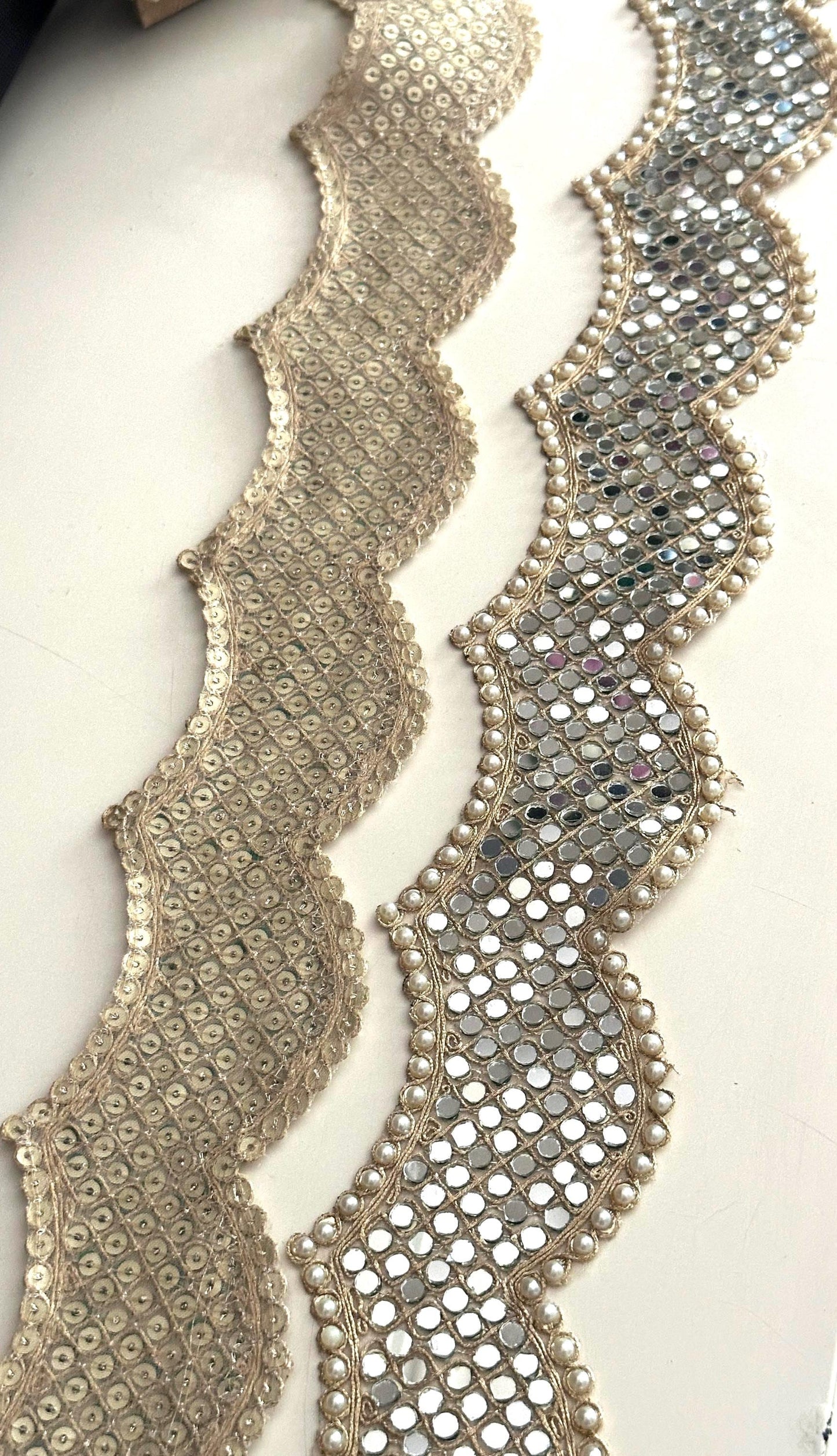 Indian Wedding Decor Lace Trim Mirror Crystal Scalloped Embroidered Border for Backdrops Lehnga Veil Bridal Styling Designers 6cm Zari Trim