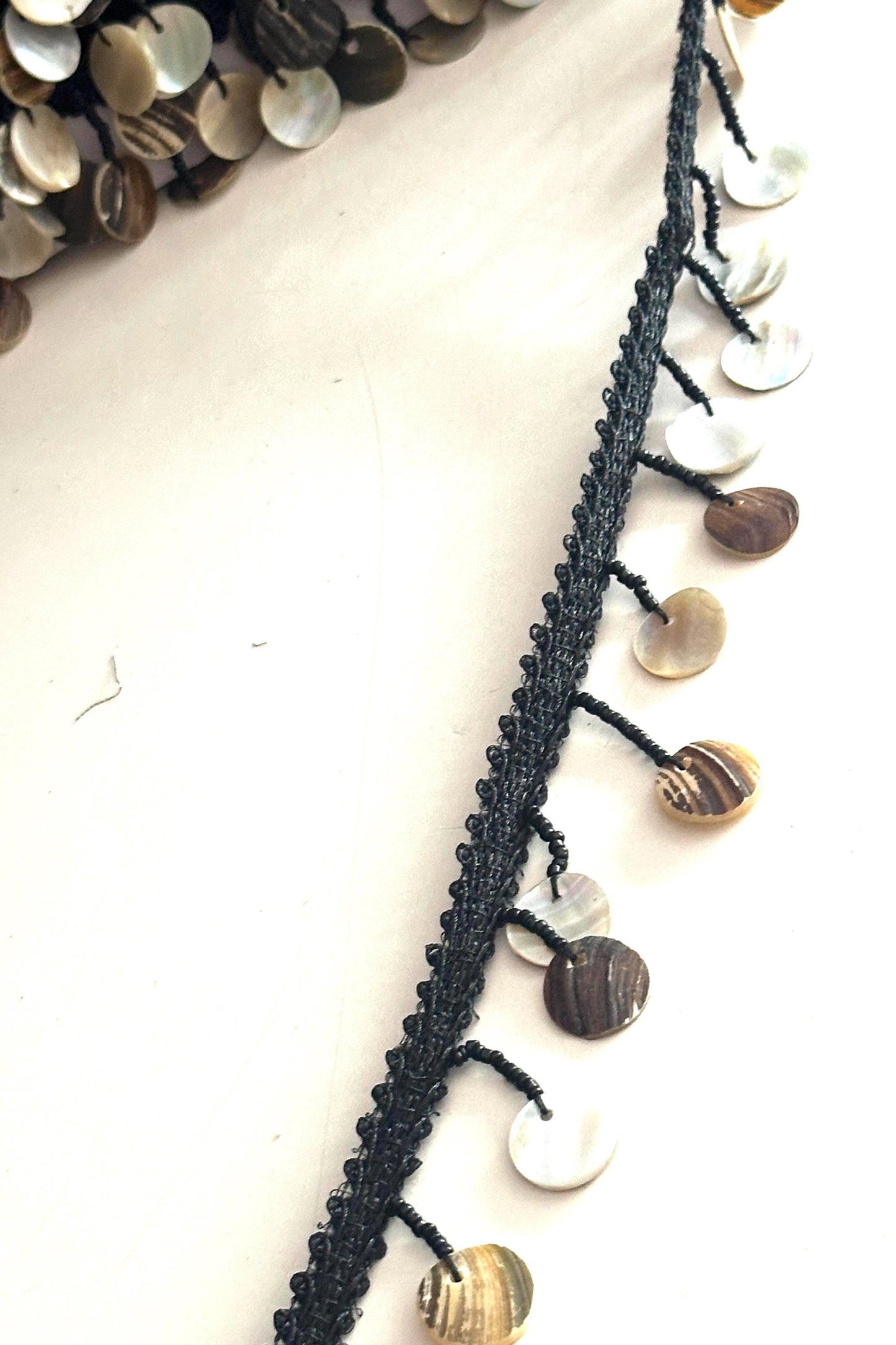 Handmade Macrame Lace with Shell Sequins Boho Resortwear Jewelry Trim for Kaftans Dresses, Beach Cover-Ups & DIY Fashion