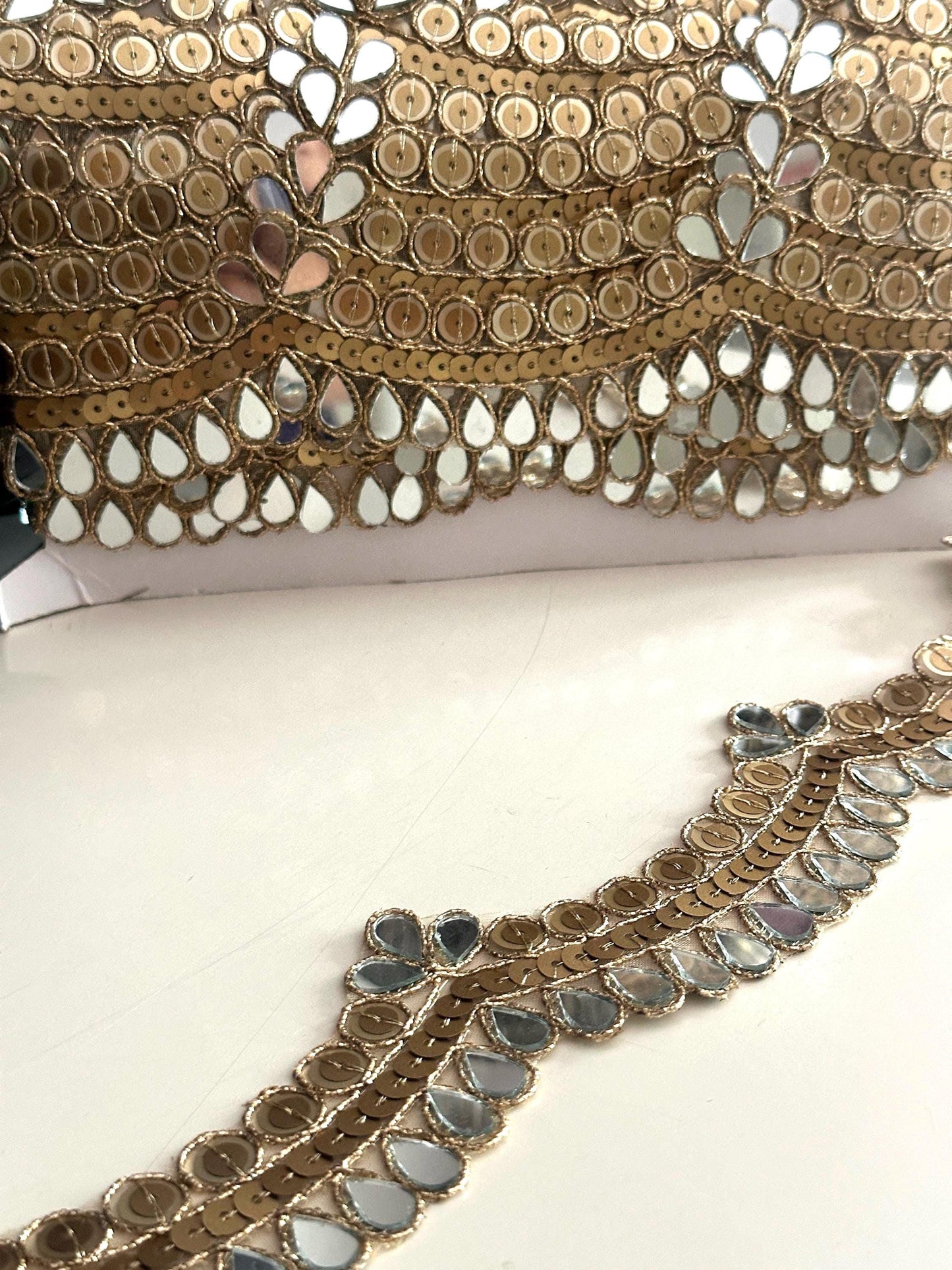 Gold Mirror Lace Trim for Saree Lehenga Bridal Veil Dupatta Dress Border Boho Wedding & DIY Craft Sequin Embellished Indian Border