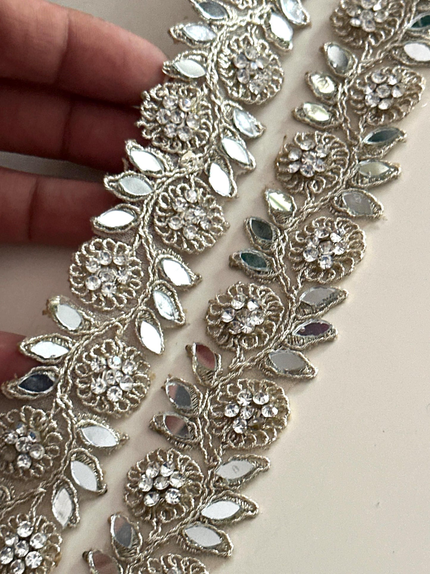 Floral Mirror Crystal Lace Trim Victorian Style Designer Gold Leaf Border for Saree Blouse Belt & Decor Indian Handmade Embroidery Ribbon
