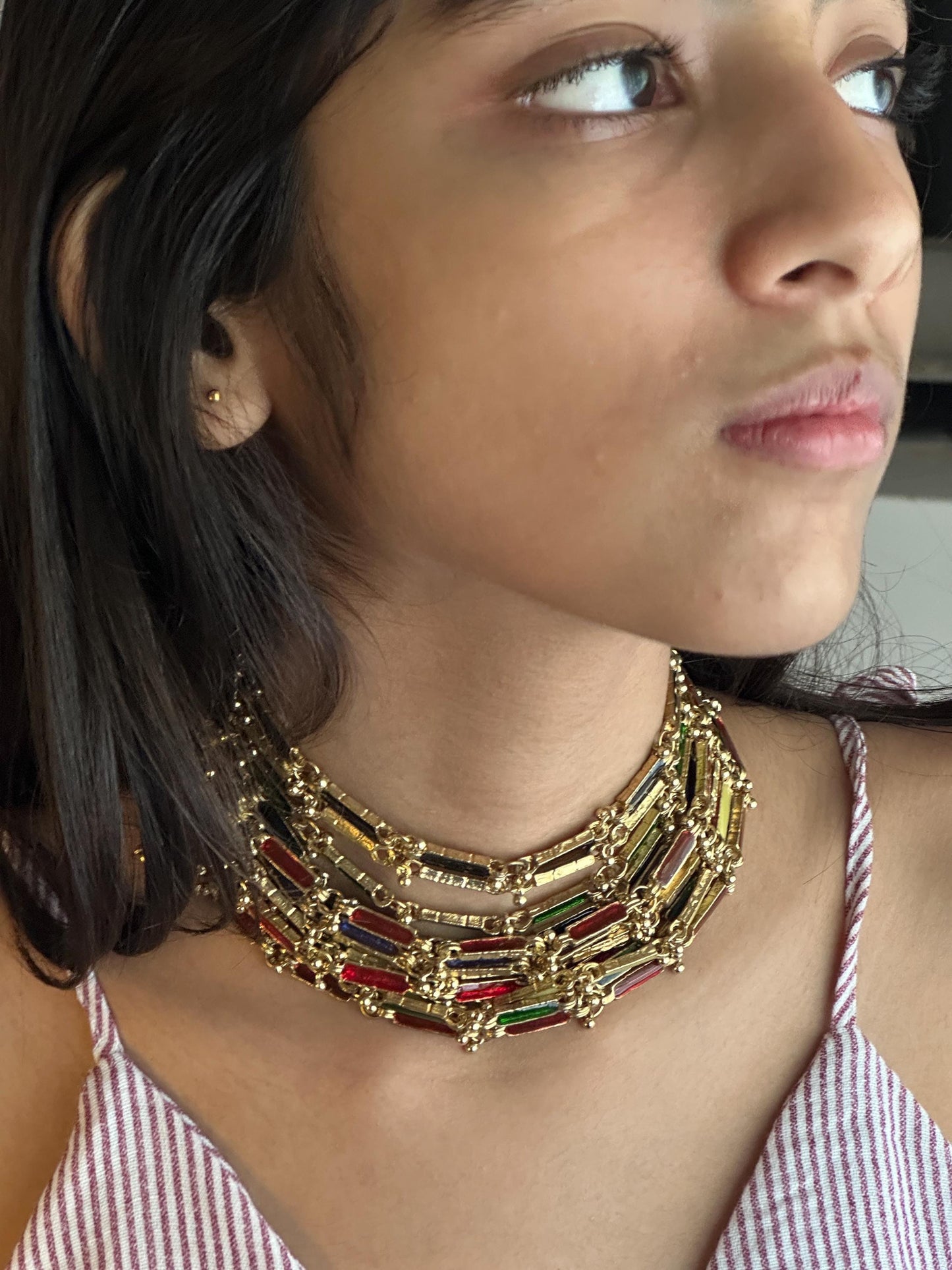 Handmade Multi-Color Enamel Choker Necklace Gold-Plated Festive Statement Jewelry Unique Artisan Gift for Her Indian Ethnic Wedding Jewelry