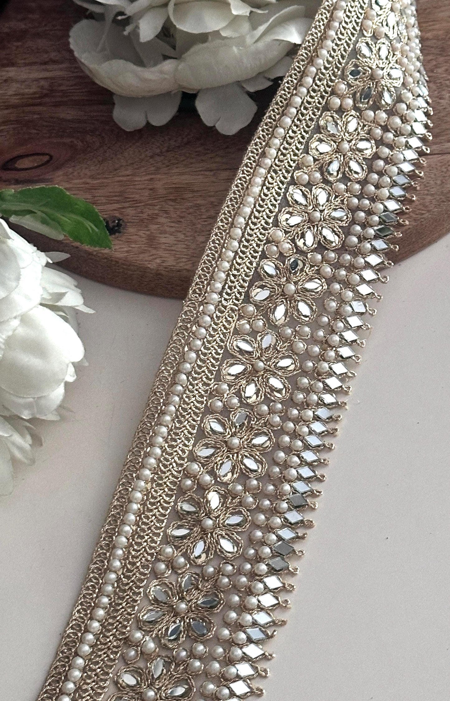 Gold Floral Pearl Trim with Mirror Work Beaded Embellished Lace Saree Border Decorative Ribbon for Saree Sewing Costumes Bridal & DIY Craft