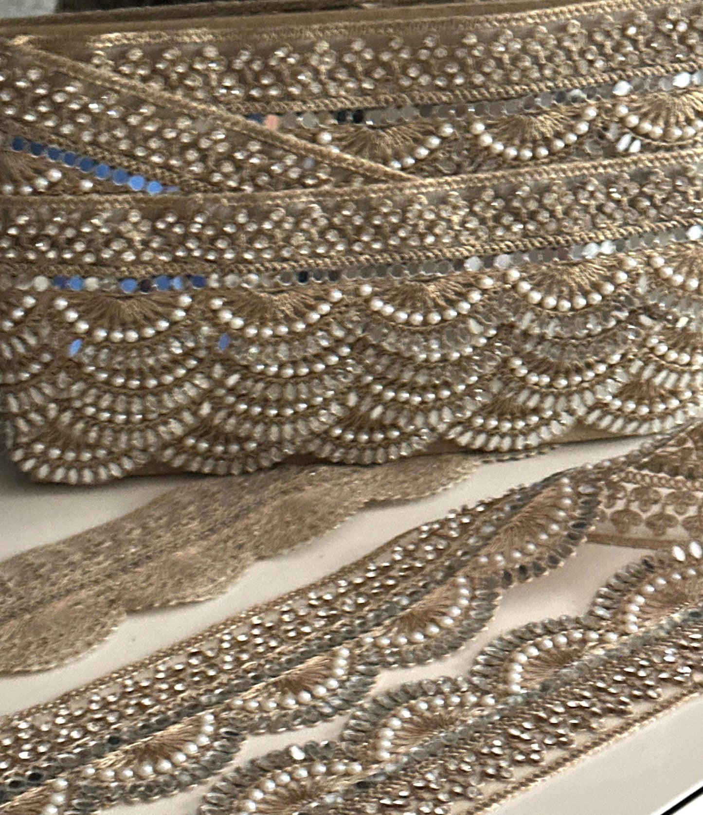 Scallop Mirror Pearl Lace Trim Gold Embroidered Bridal Border for Veils Sarees, Wedding Costumes & Decor Handmade Indian Ribbon 3 Inch