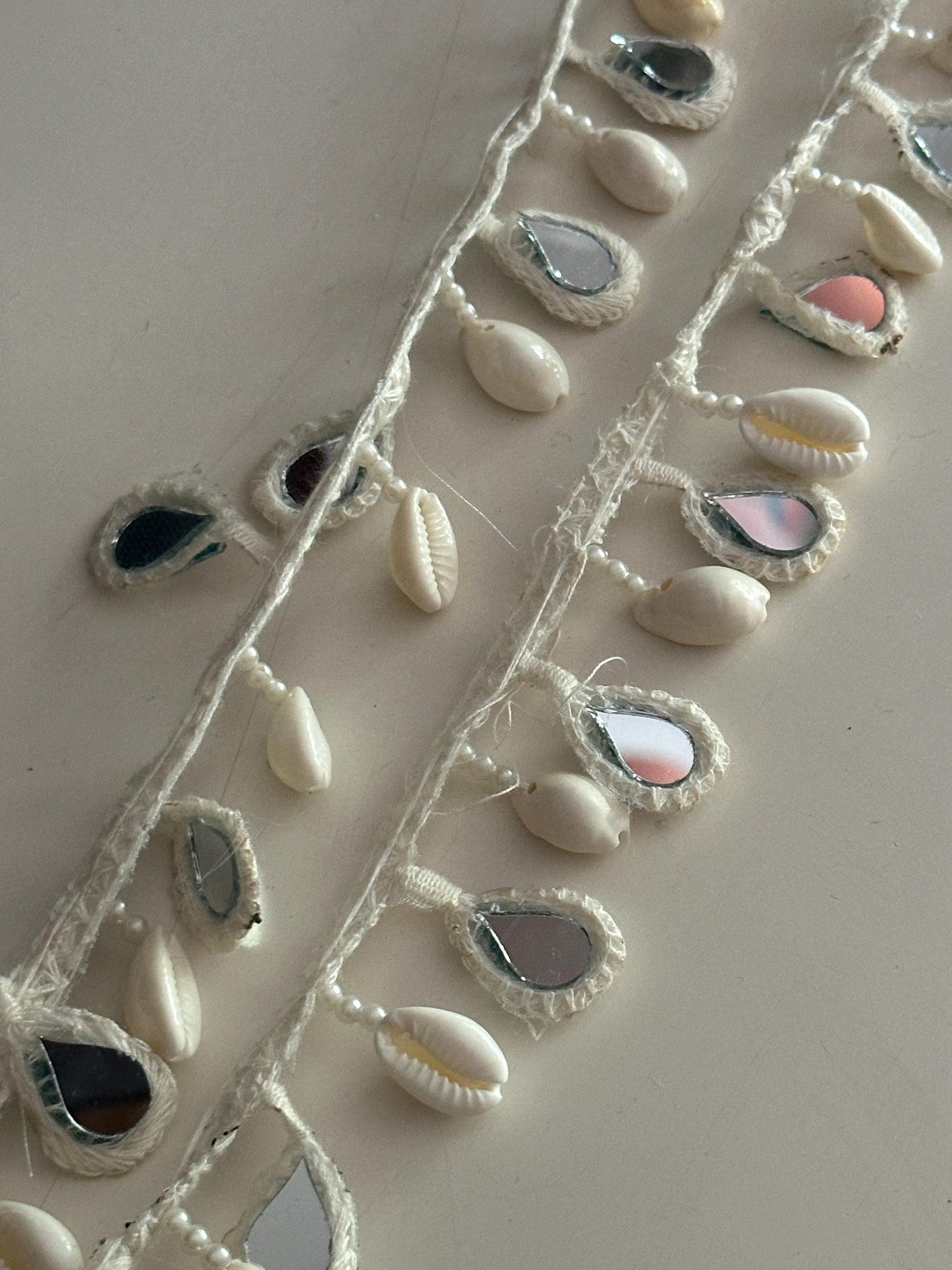 Boho Shell Mirror Lace Trim Cowrie Shell Mirror Work Tassel Lace Border for Resort Dress Kaftan Craft Handmade Ethnic Beach Trim by Yard