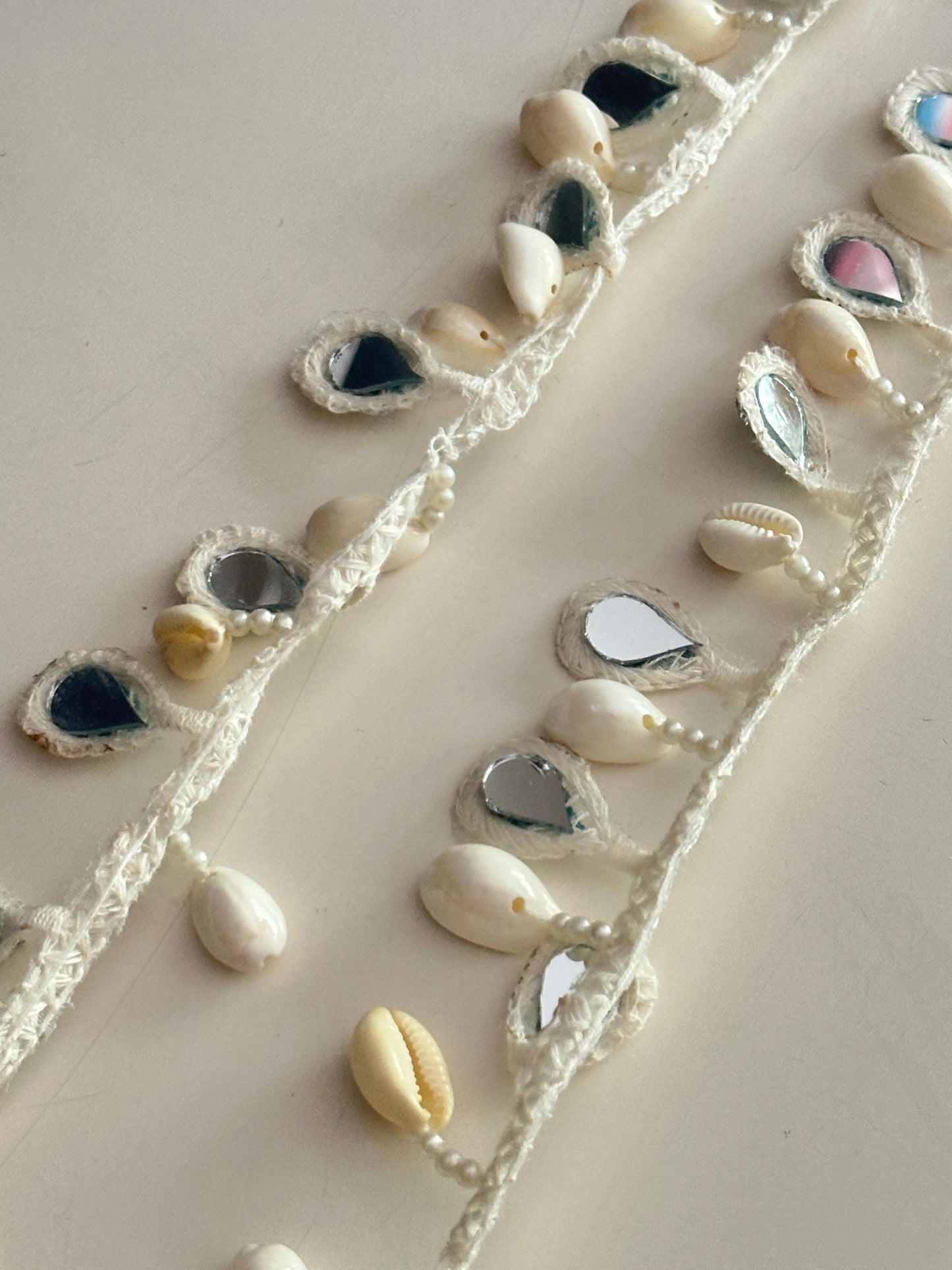 Boho Shell Mirror Lace Trim Cowrie Shell Mirror Work Tassel Lace Border for Resort Dress Kaftan Craft Handmade Ethnic Beach Trim by Yard