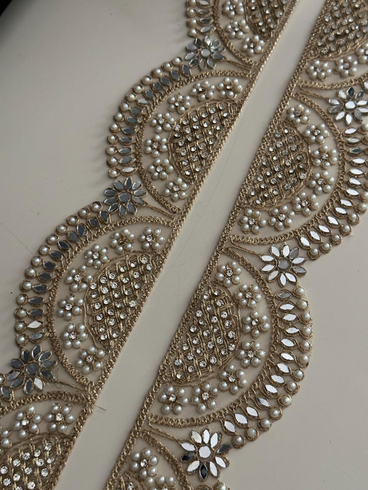 Scalloped Pearl Mirror Lace Trim Wide Gold Embroidered Border for Veils Saree DIY Bridal Decor Designer Indian Craft Ribbon Broad lace