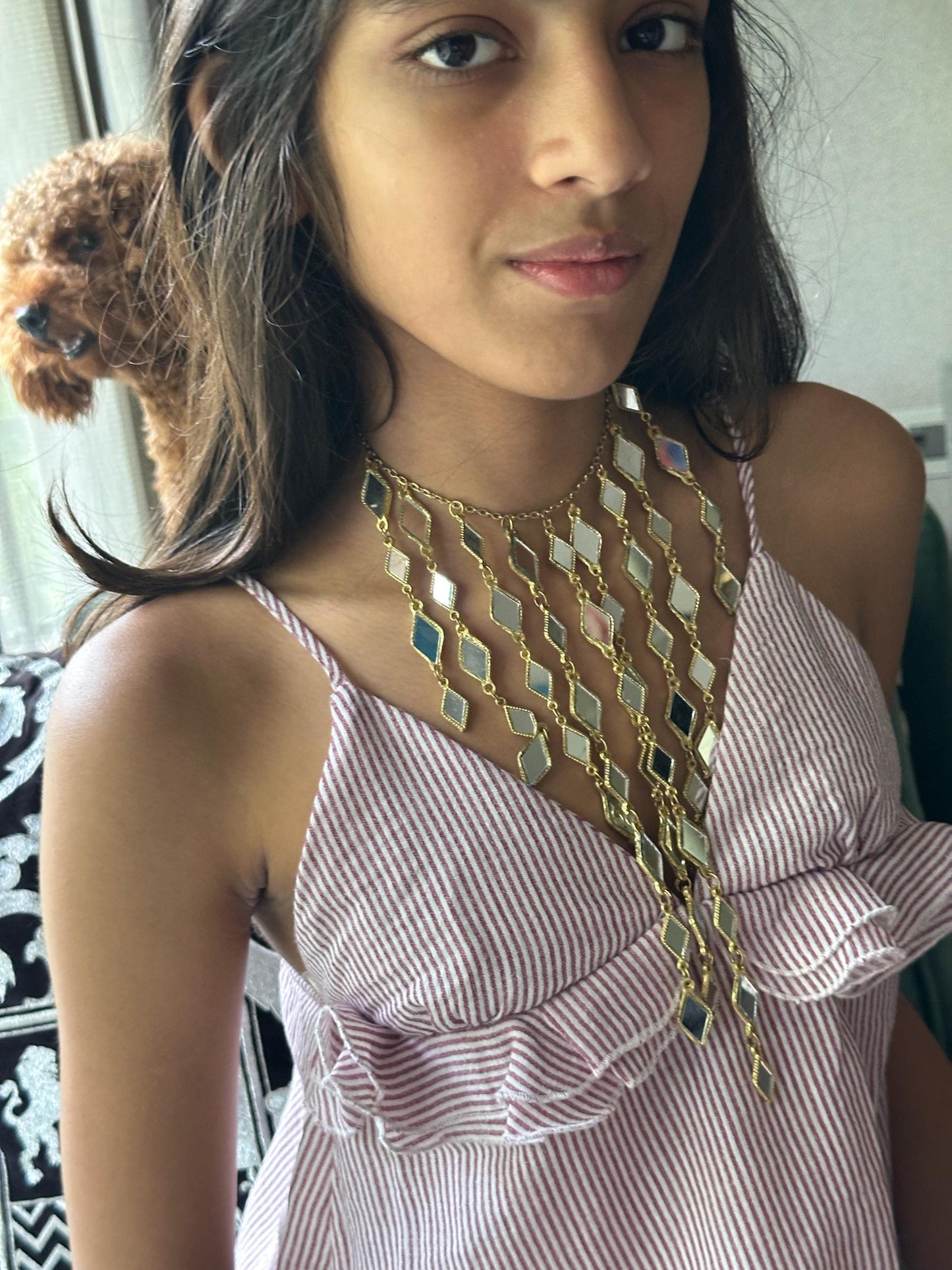 Gold Mirror Cascade Statement Necklace Long Layered Diamond Mirror Choker Boho Festival Jewelry Handmade Indian Bridal Wedding jewellery