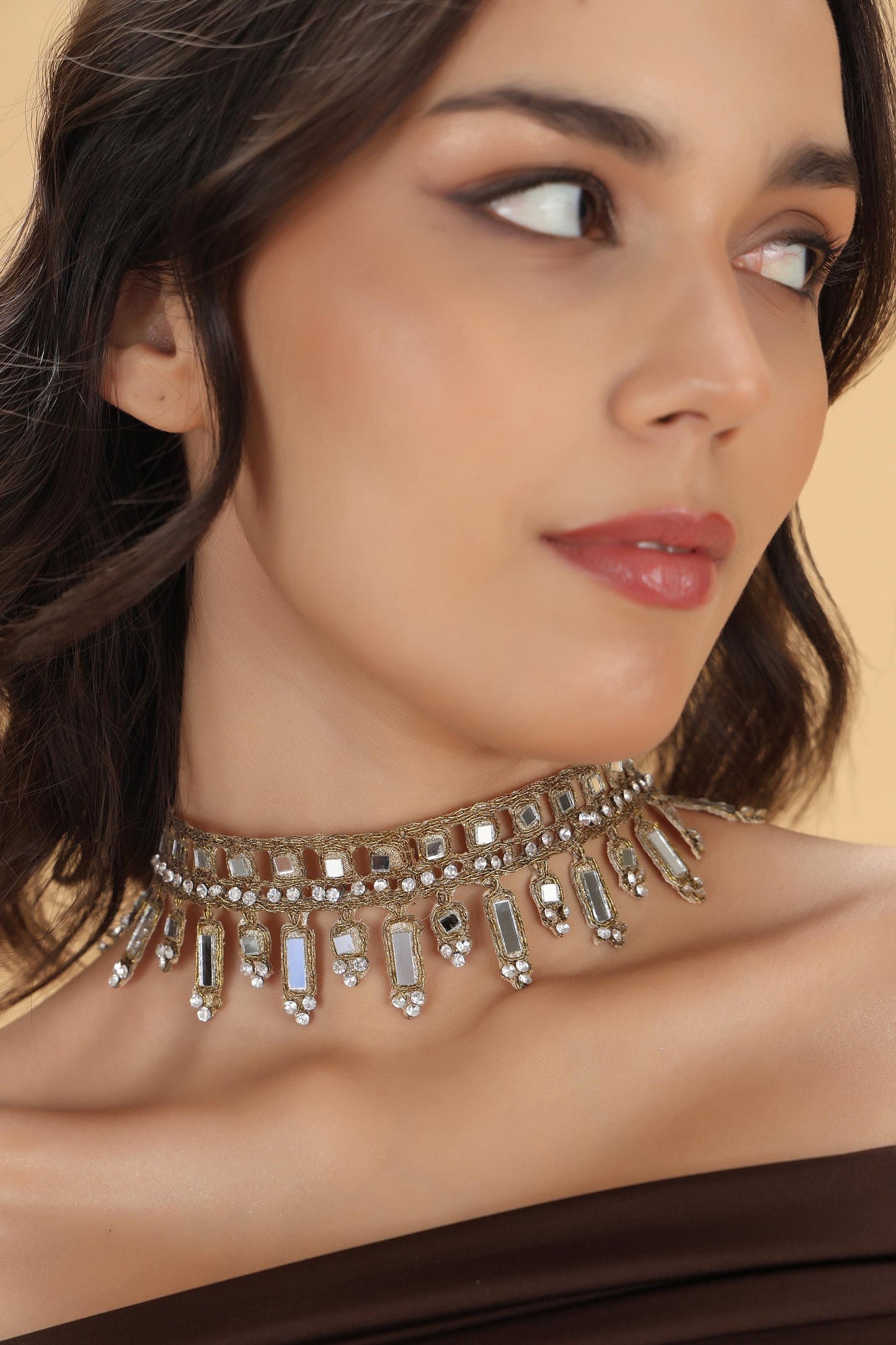Mirror Crystal Choker Necklace – Handmade Gothic Lace Statement Jewelry – Gold & Rose Gold Metallic Thread – Adjustable Gift for Her