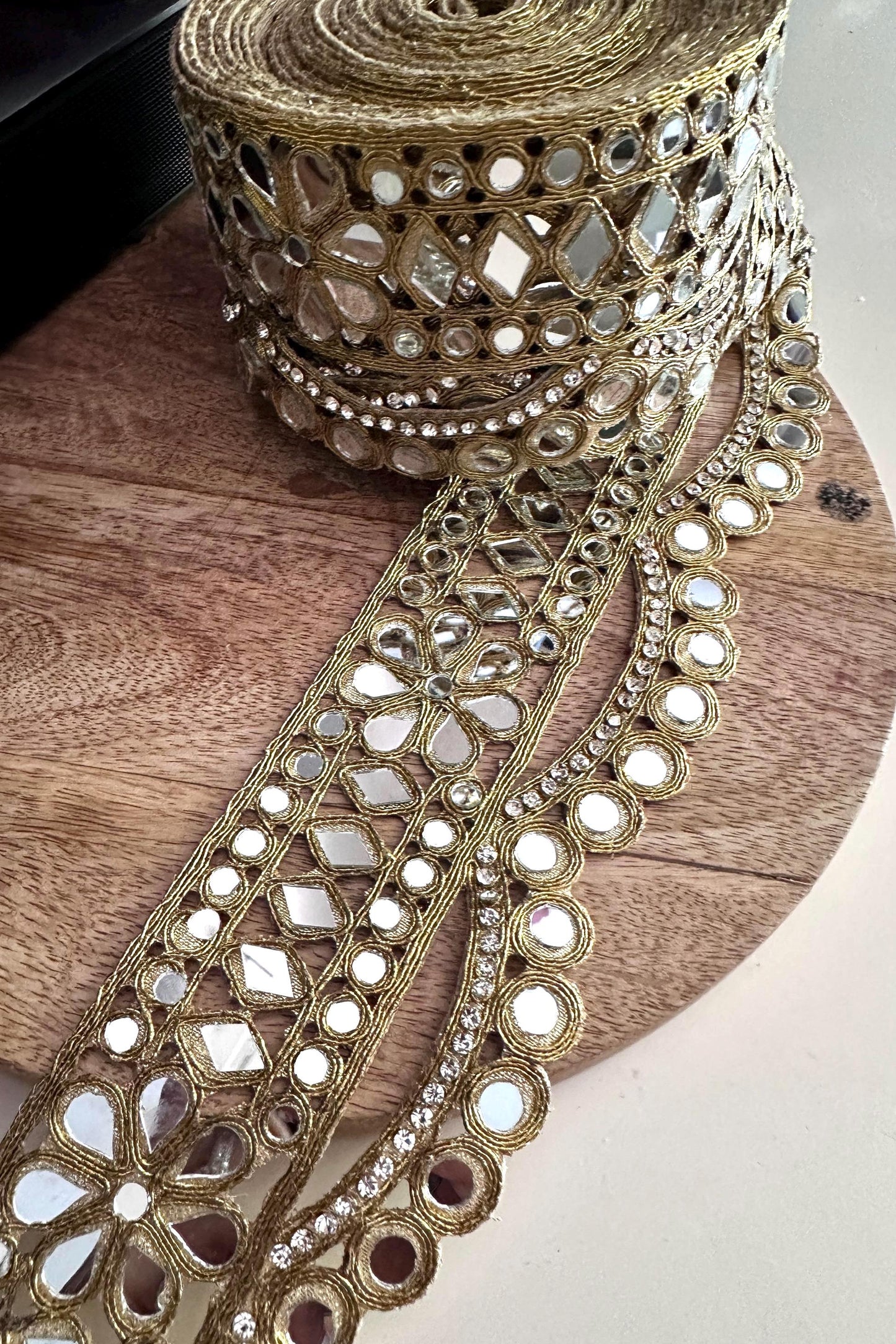 Gold Floral Mirror Lace Trim with Rhinestone Zircon Wide Indian Border for Bridal Belt Festival Cinturone DIY Costume Making & Dancewear