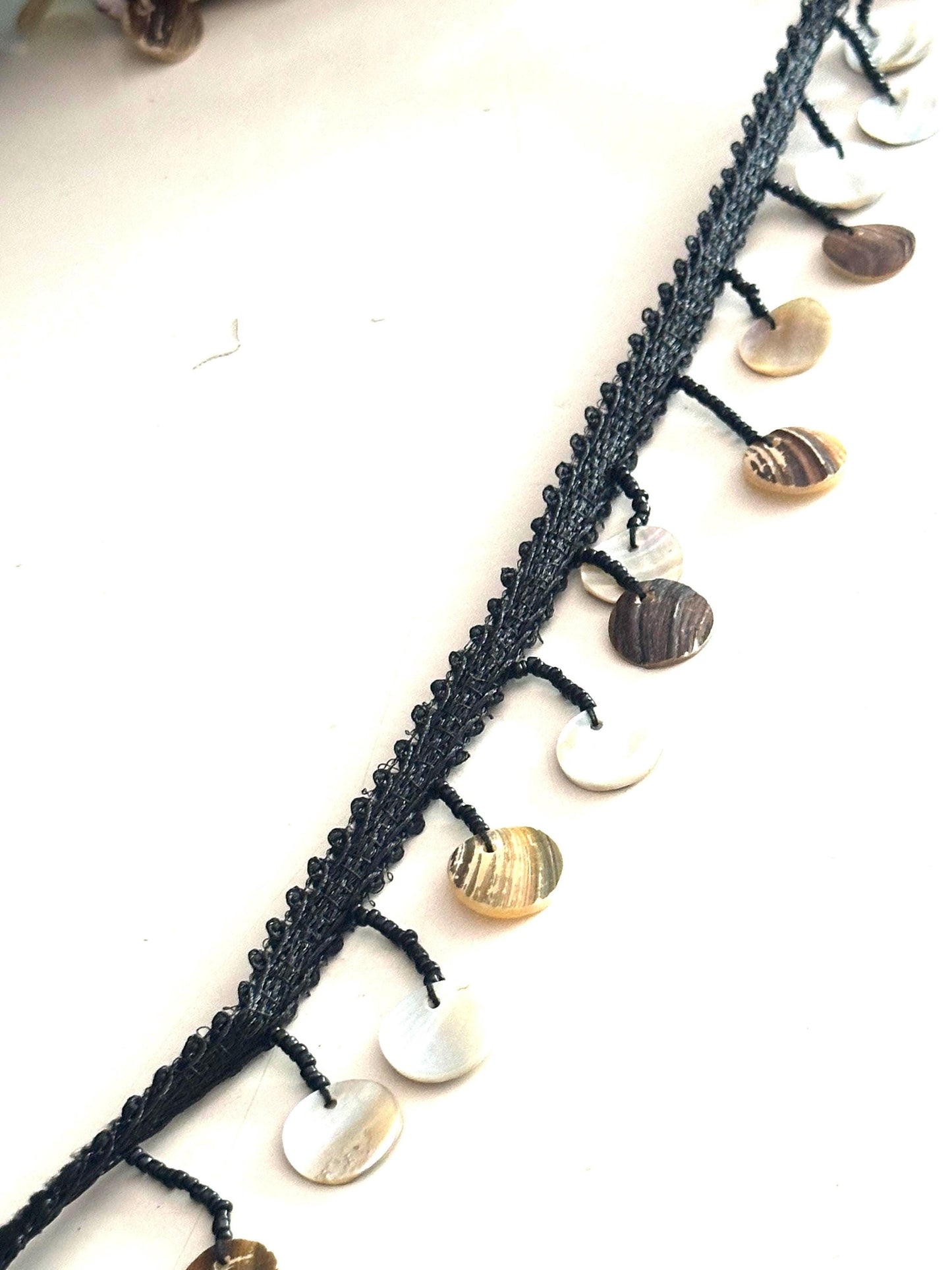 Handmade Macrame Lace with Shell Sequins Boho Resortwear Jewelry Trim for Kaftans Dresses, Beach Cover-Ups & DIY Fashion