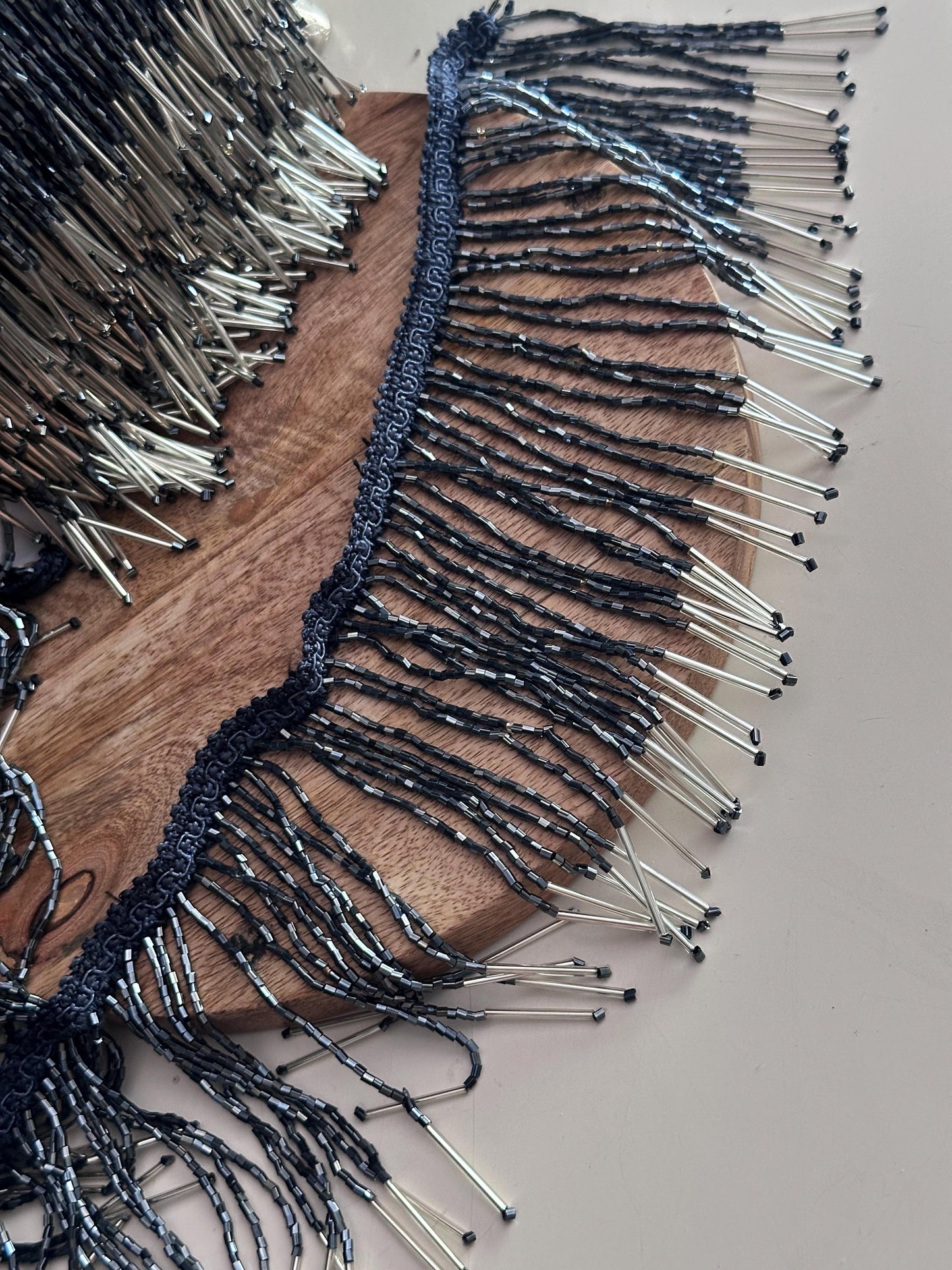 Blue Beaded Fringe Trim with Silver Bugle Beads 5.5inch Tassel Lace for Beaded Jewelry Dress Belly Dance DIY Costume Jacket Home Decor