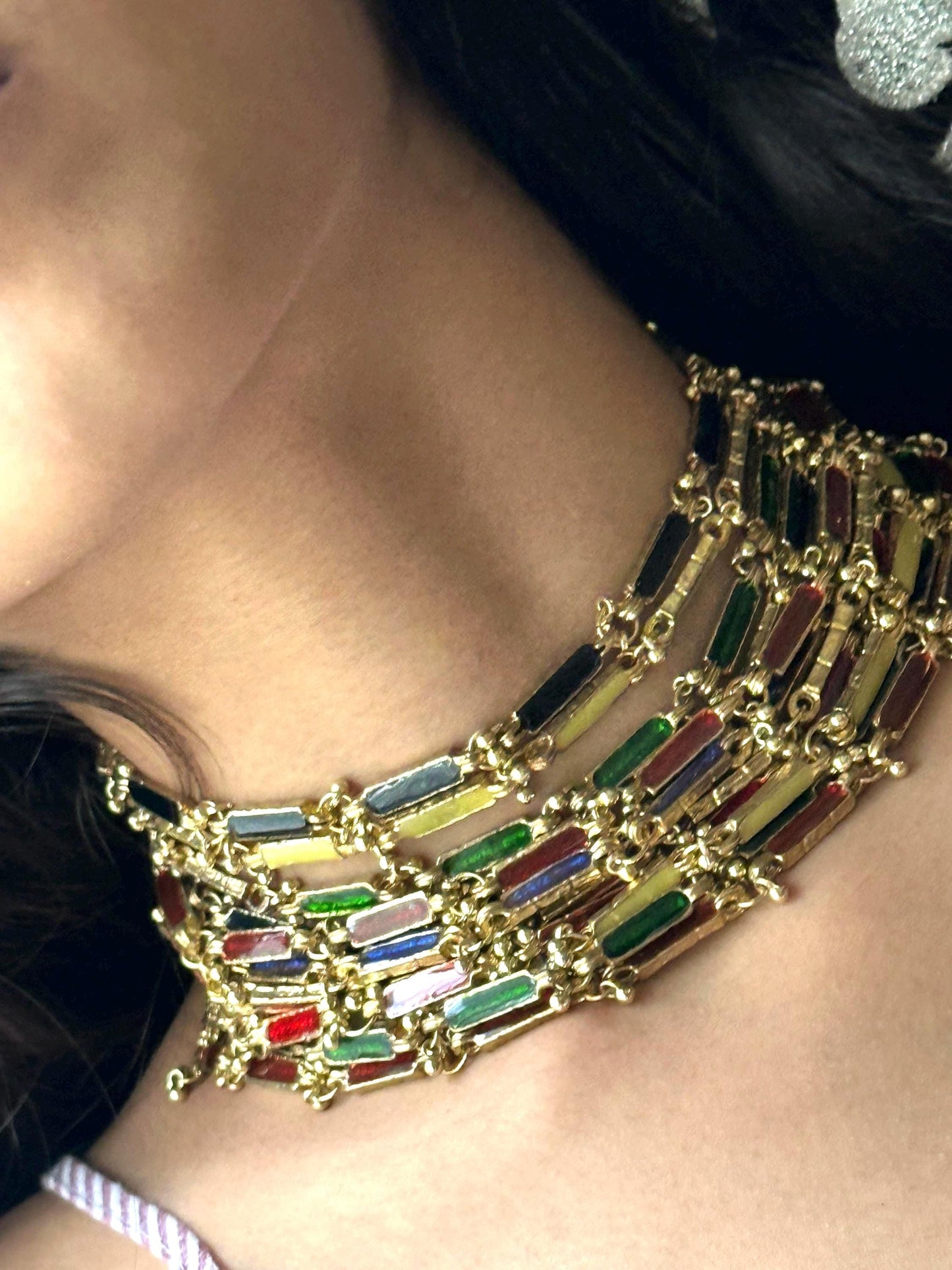 Handmade Multicolor Enamel Choker Necklace Gold Statement Collar Boho Festival Jewelry Colorful Bridal Choker Ethnic Wedding Necklace Gift