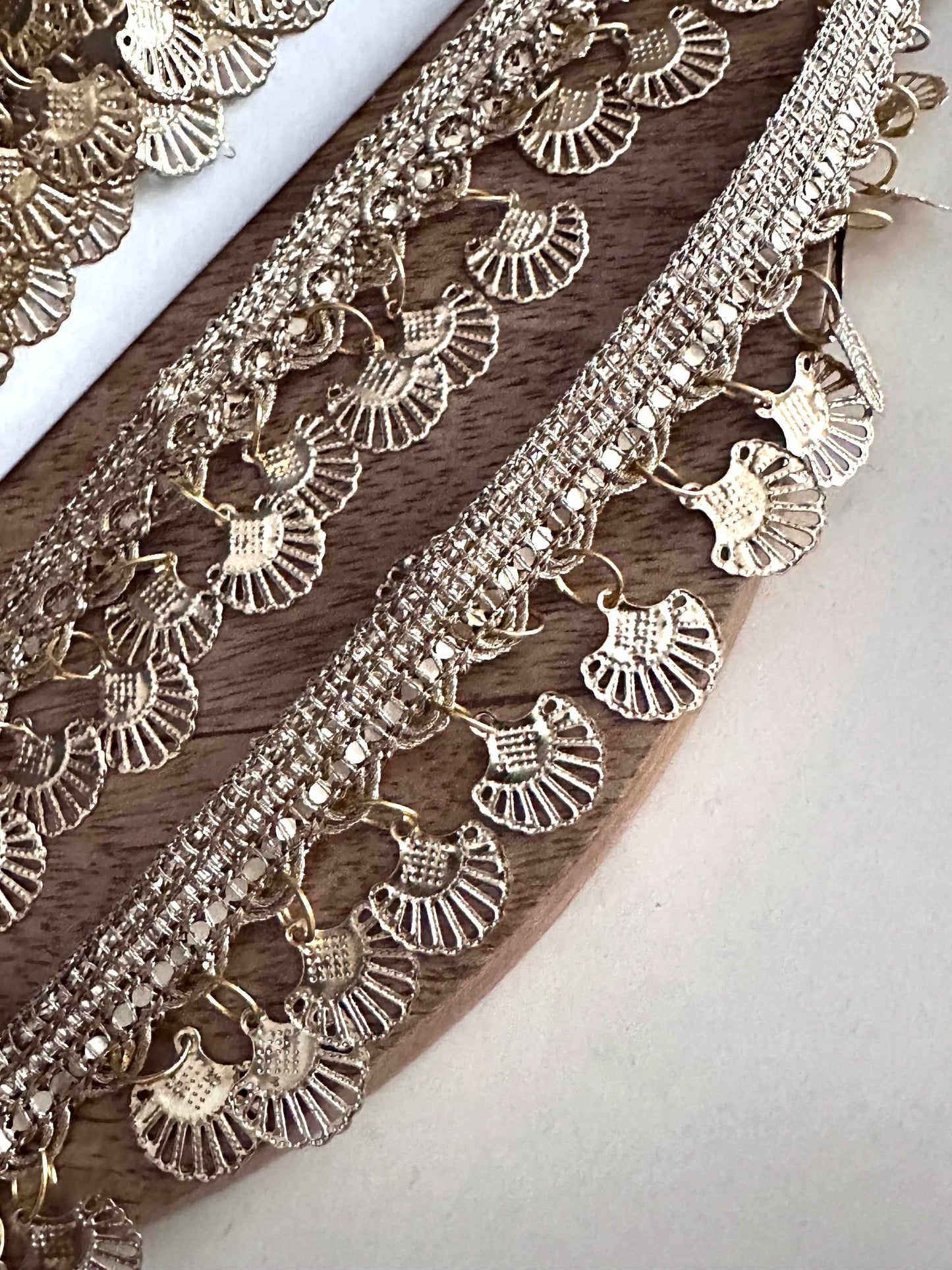 Gold Coin Metal Suspended Shell Lace Trim Boho Crafting Lace for Costume Blouse Saree Dress Accessory Metallic Fringe Border For DIY Sewing