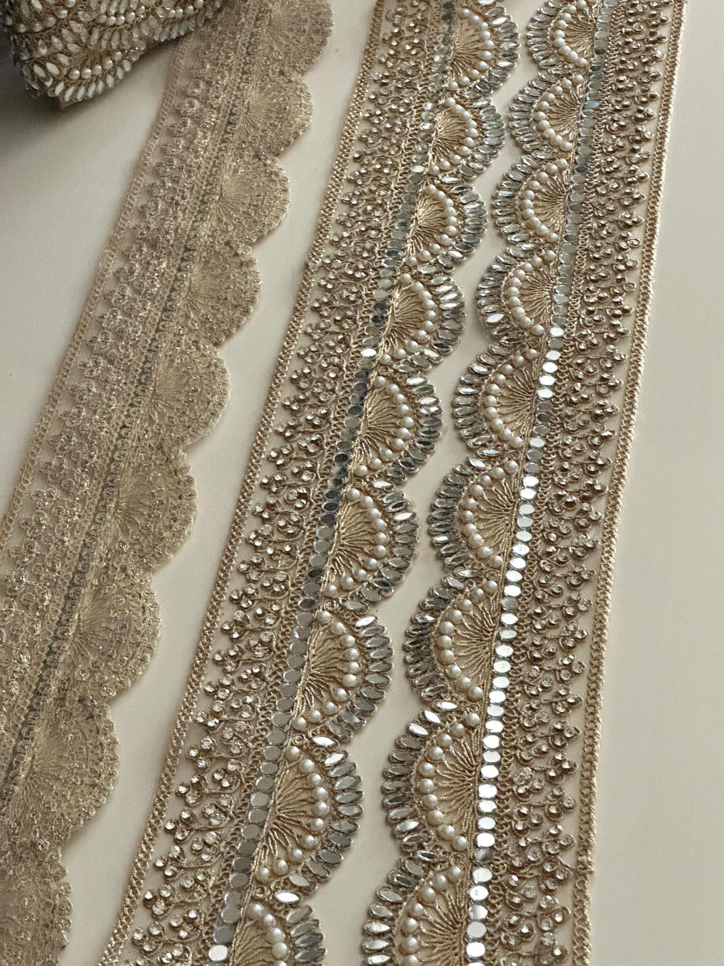 Scallop Mirror Pearl Lace Trim Gold Embroidered Bridal Border for Veils Sarees, Wedding Costumes & Decor Handmade Indian Ribbon 3 Inch