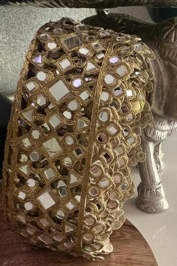 Mirror Work Border Trim Gold Glass Mirror Lace for Belt Saree Lehenga Embroidered Indian Mirror Border for DIY Clothing Jewelry Costumes